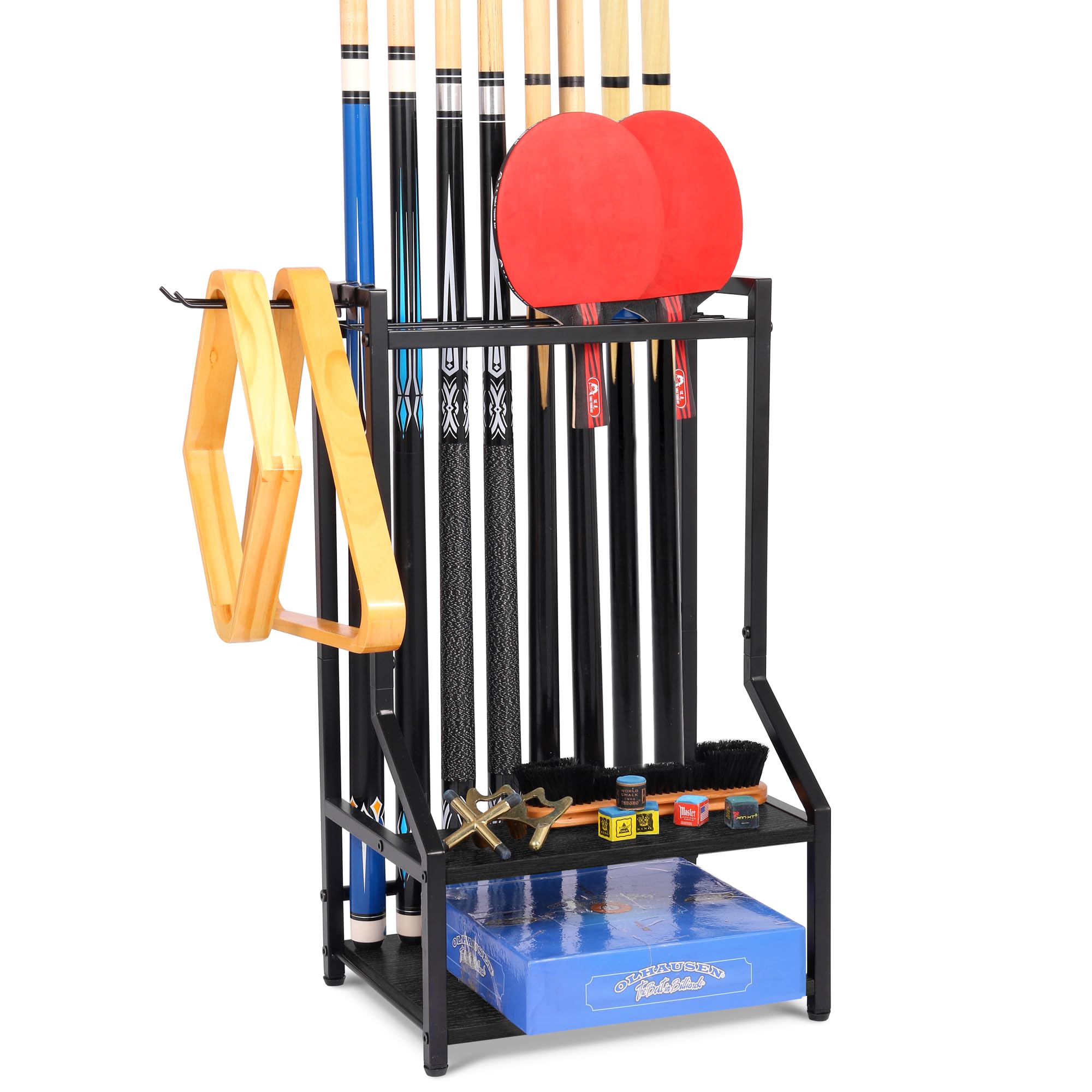 Pool Cue Rack Floor Stand with Ping Pong Paddle Storage | Heavy-Duty Billiard Stick Holder for Game Room, Man Cave, Bar | Space-Saving Pool Table Accessories Organizer