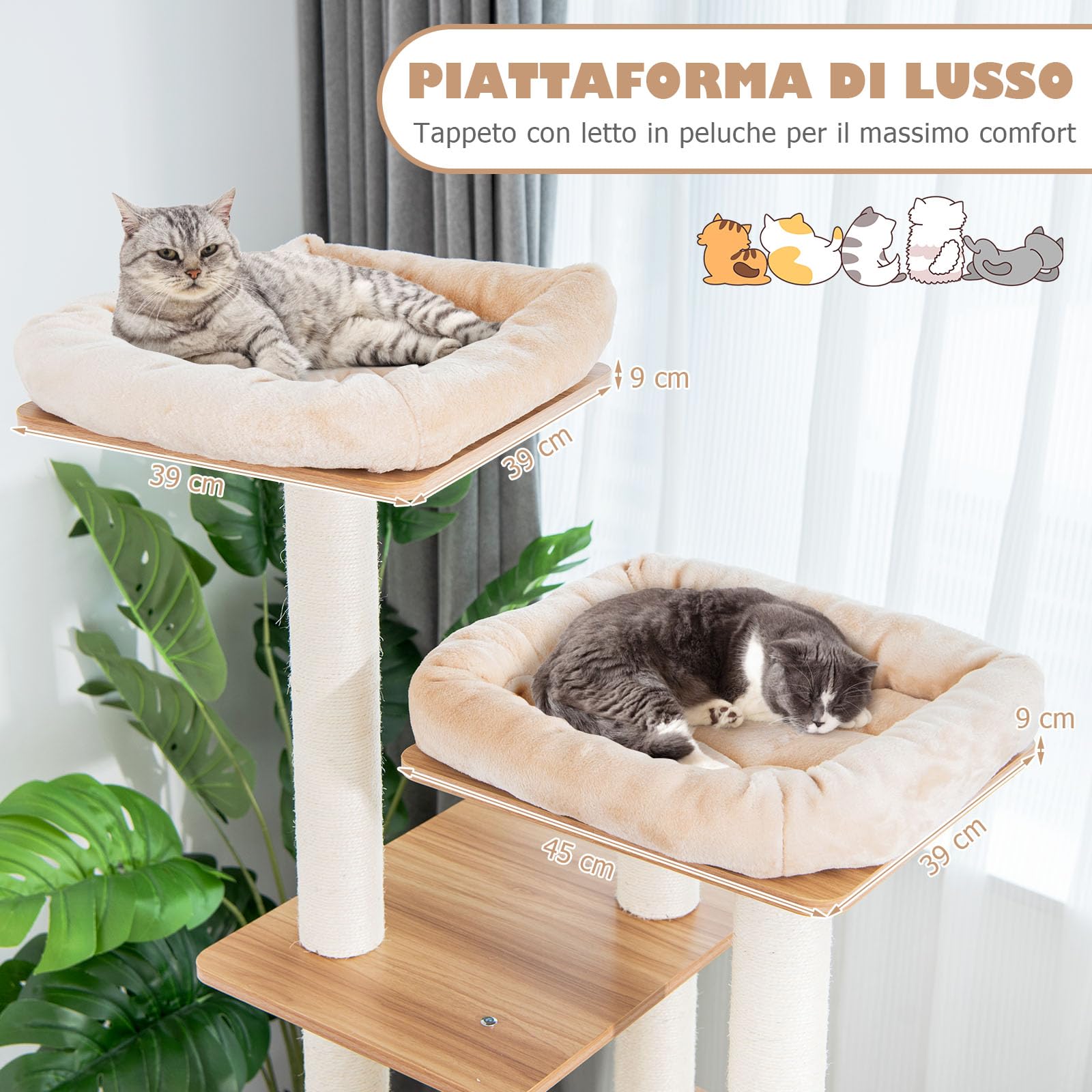 GYMAX Tiragraffi per Gatti, 59 x 59 x 176 cm, Carico 15 kg, Tronchi in Sisal, Cuscino Rimovibile Lavabile, Ideale per Gatti Grandi Adulti (Stile 12)