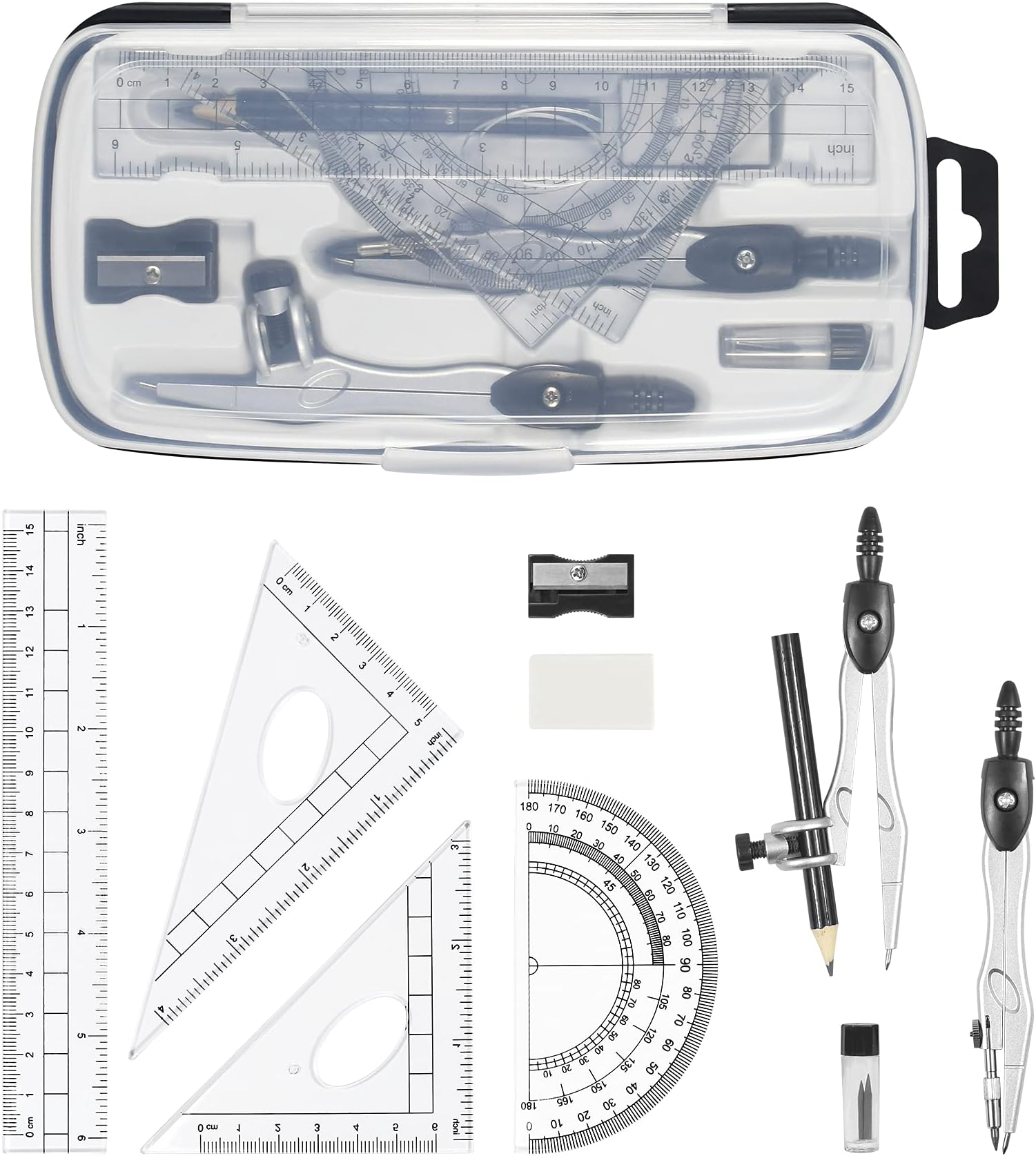 Math Geometry Kit Sets 10 Piece Student Supplies with Shatterproof Storage Box,Includes Rulers,Protractor,Compass,Eraser,Pencil Sharpener,Lead Refills,Pencil,for Drafting and Drawings（Black）