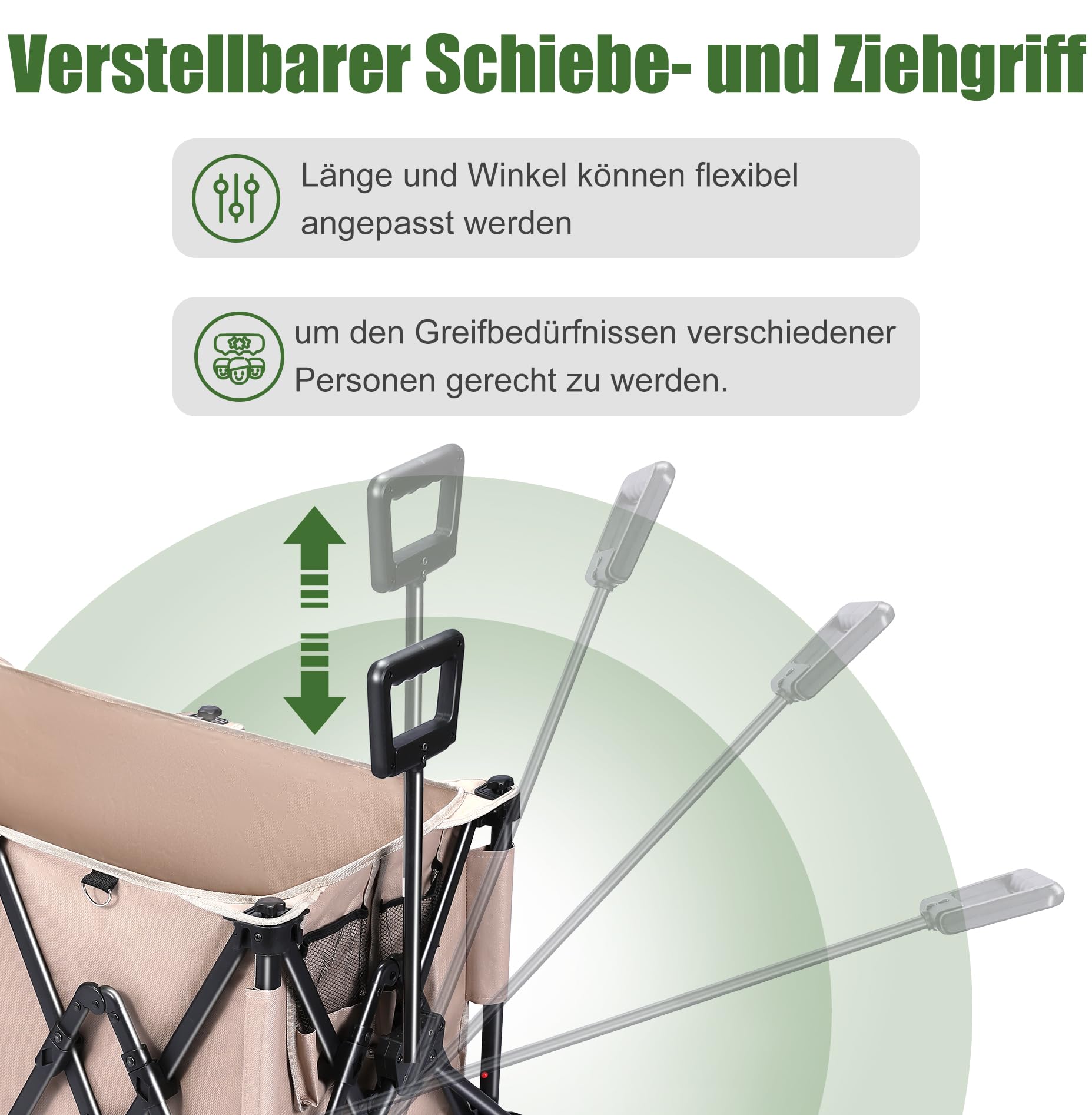 Carrello pieghevole da giardino, 150 kg, con tasca laterale, con asta telescopica, freni, pneumatici larghi per tutti i terreni, all'aperto, campeggio, giardino, shopping