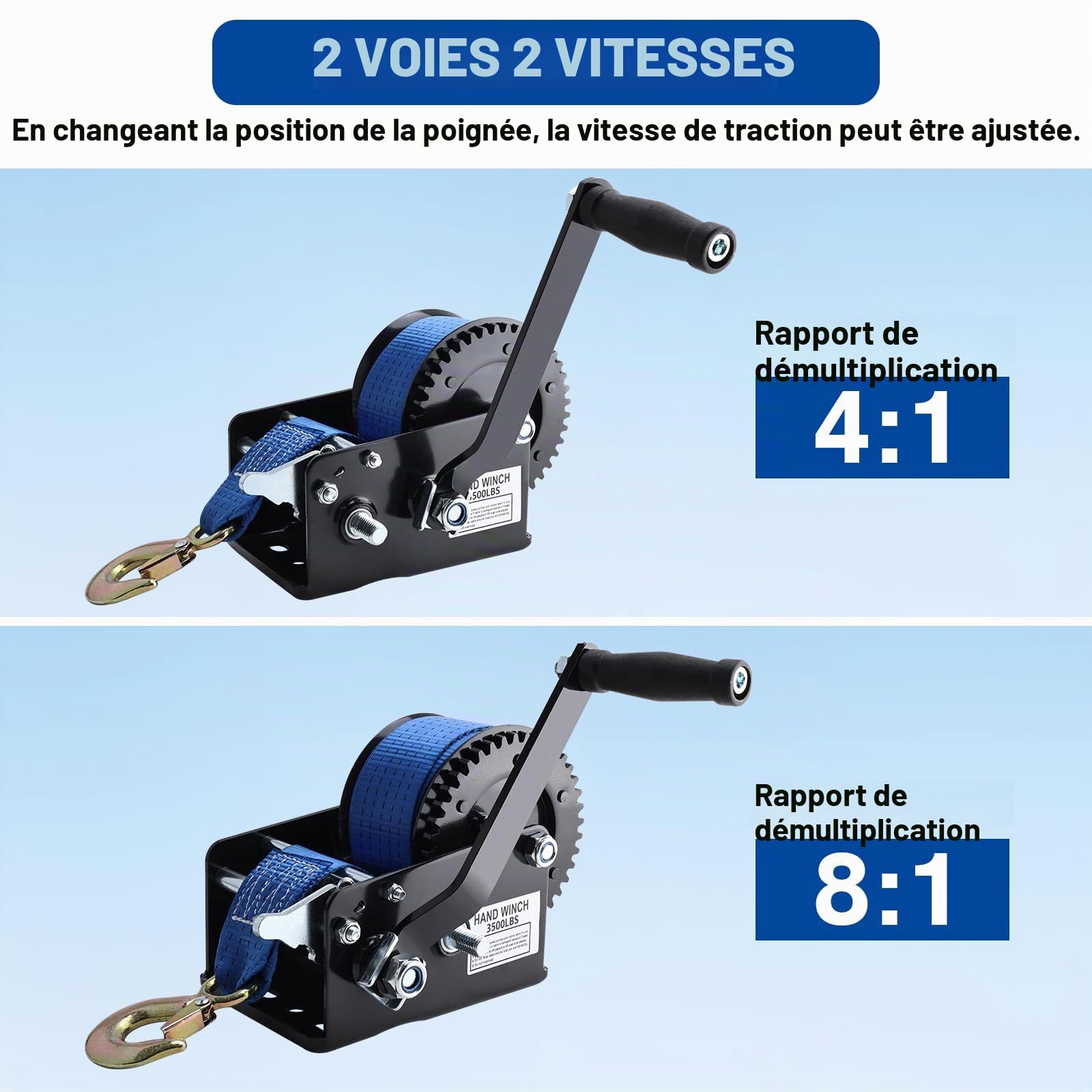 FreeTec 1587 kg de treuil manuel | 10 m de sangle de levage en polyester (50 mm) | Boîte de 2 vitesses pour bateaux et camions