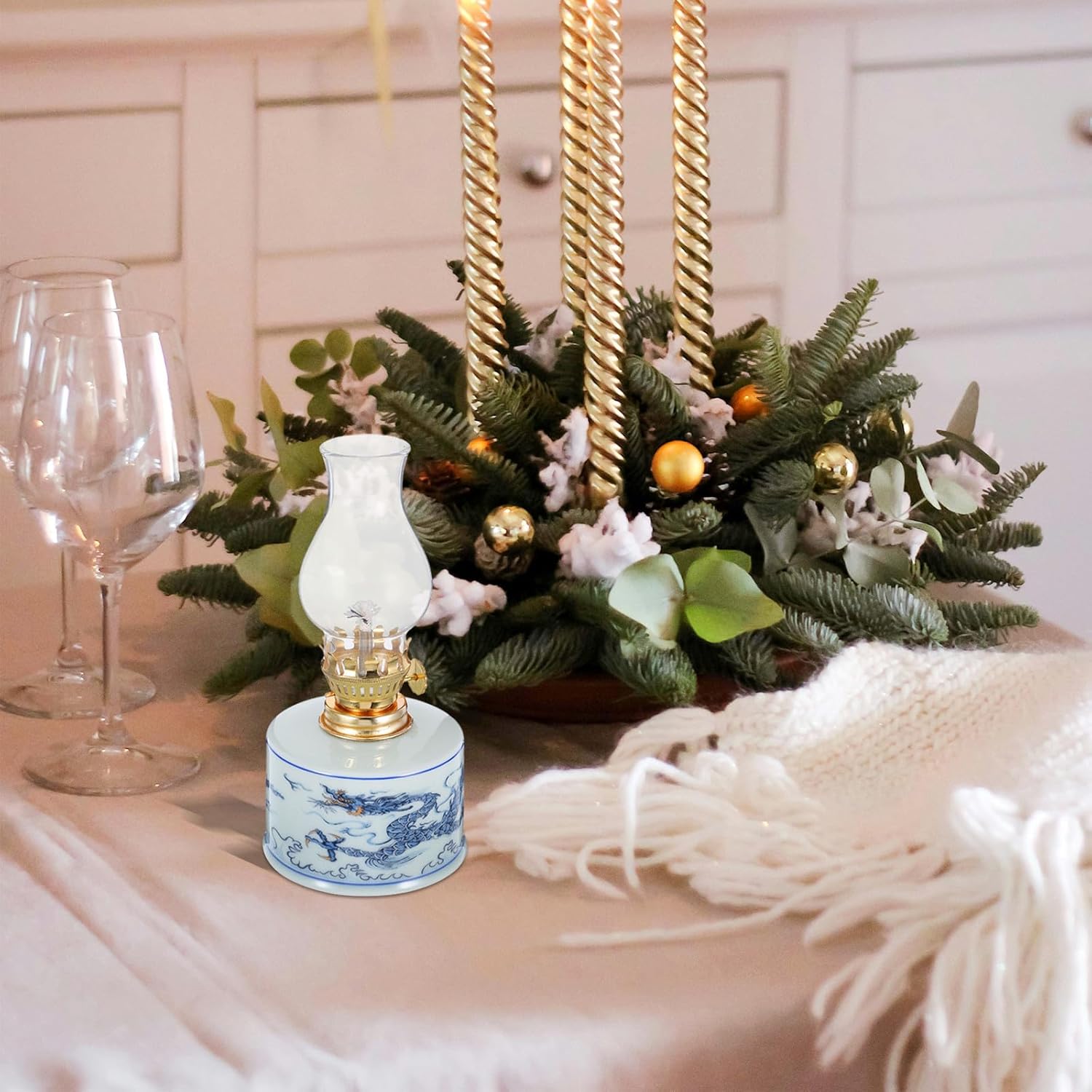 Chamber Oil Lamp Vintage Ceramic Kerosene Lantern Blue and White Porcelain Small Hurricane Lamp for Indoor Home Decor and Emergency Lighting
