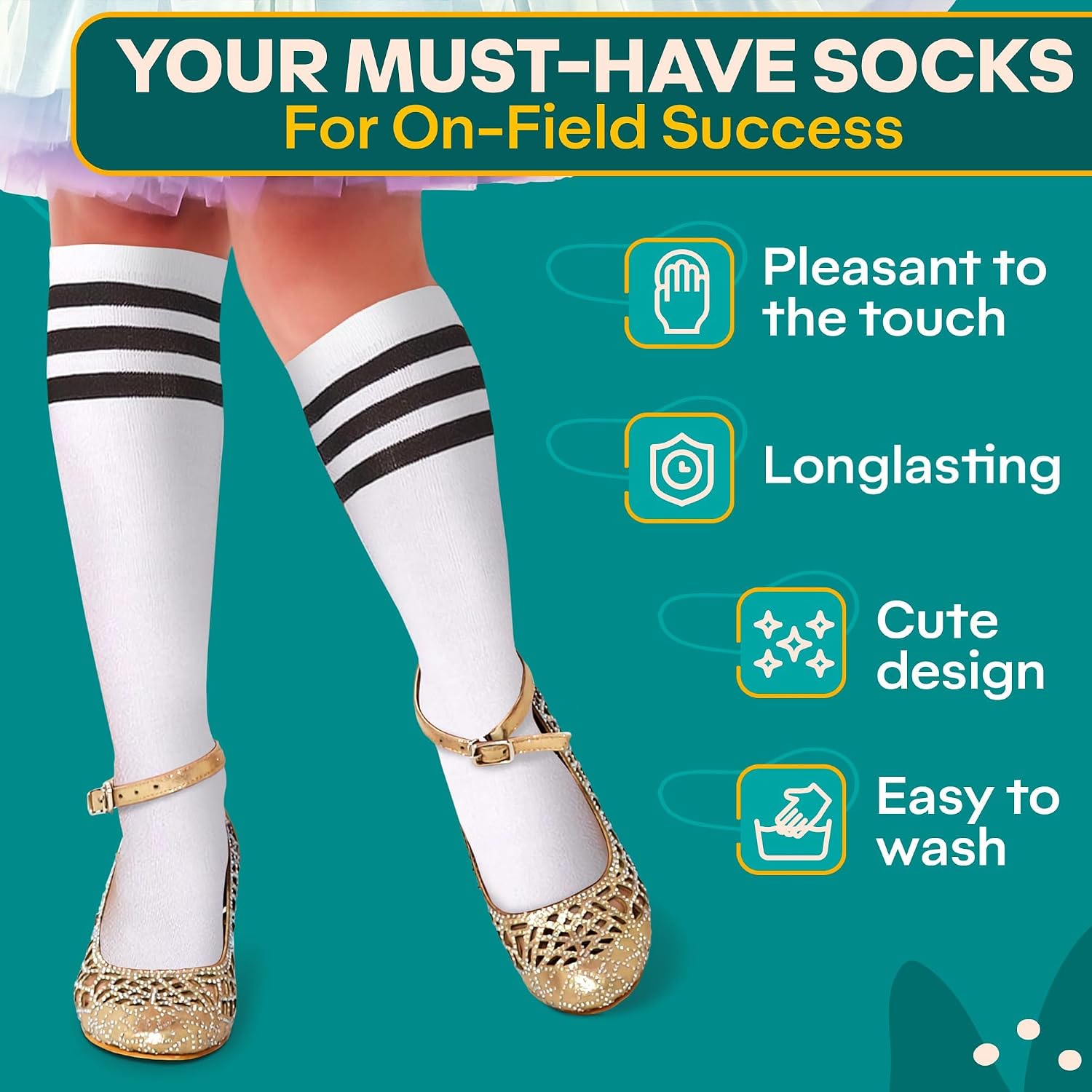 Soccer Socks Girls - 6 Pcs Cotton Knee High Girl Soccer Sock 10-12 Years Old, Breathable & Soft Material, Easy to Wash, Elastic Long Socks for Girls-for Football, Basketball, Volleyball, Everyday Wear