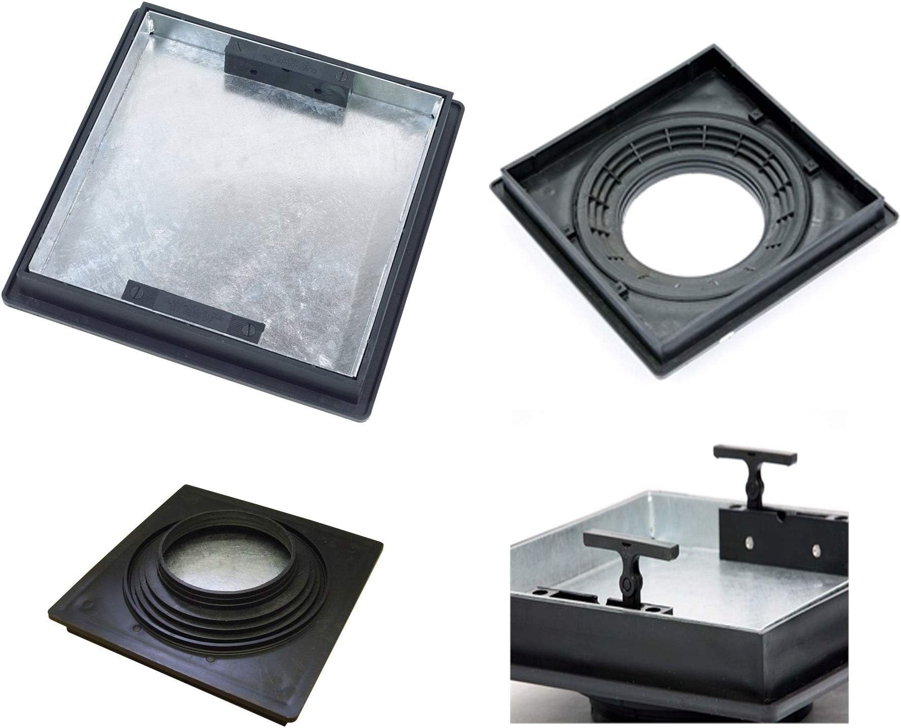 T1G3 Clark Drain 440mm (L) x 440mm (W) x 52mm (D) Overall Size Recessed Square to Round Manhole Cover to Suite risers from 220mm to 300mm Locked and Sealed with Built in Handles