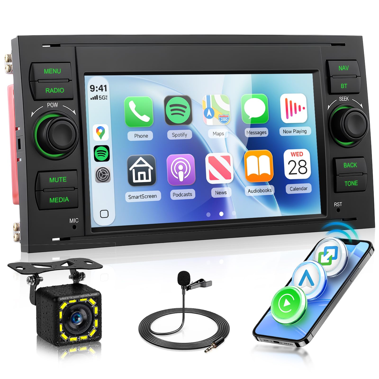 Hodozzy Autoradio für Ford Transit Fiesta Focus Mondeo C-Max S-Max, 2 DIN Radio mit Bluetooth AM/FM/RDS, 7-Zoll-Touchscreen Autoradio mit Bildschirmo Wireless CarPlay Android Auto, EQ Rückfahrkamera