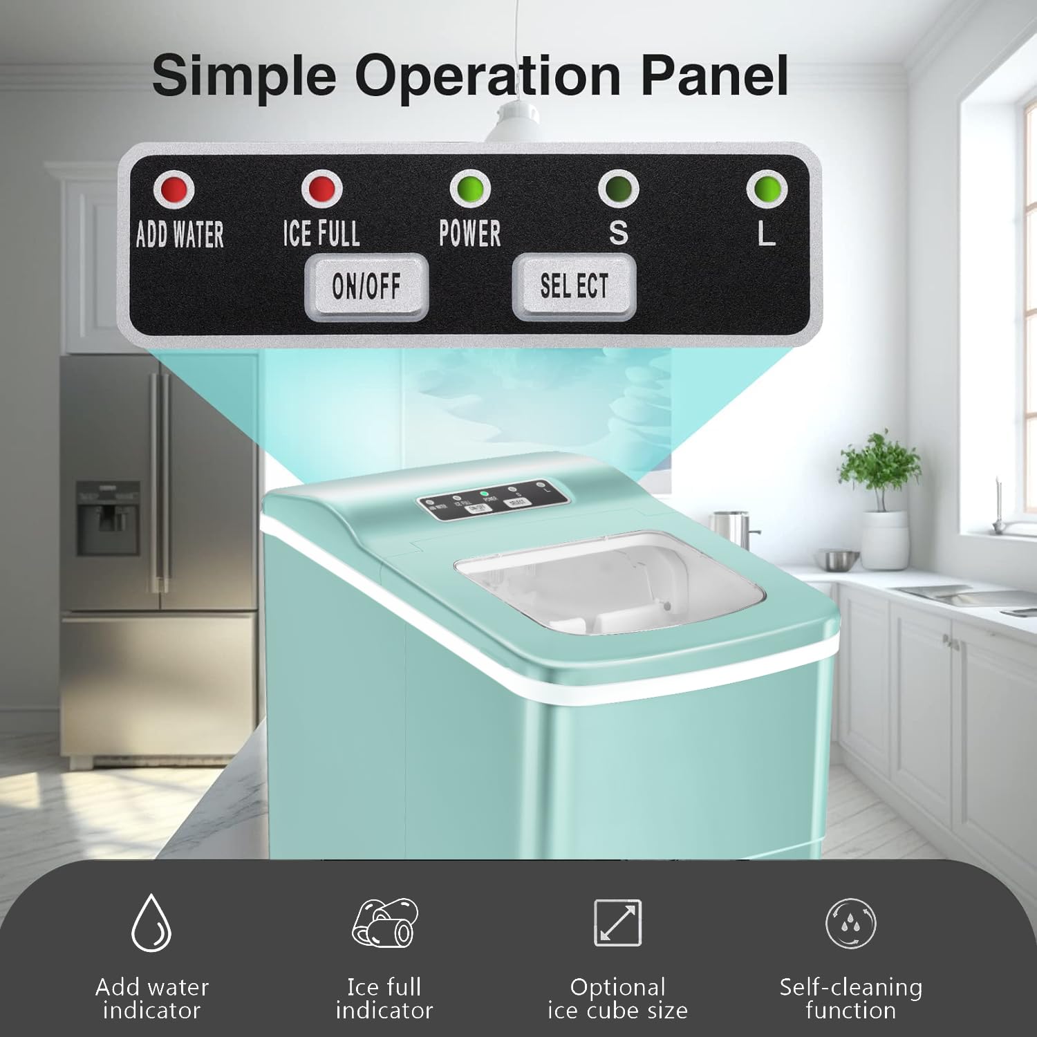 R.W.Flame Countertop Ice Maker 9 Bullet Ice Cubes In 6 Mins, 26lbs/24hrs, Ice Maker Machine With Self-Cleaning, Basket And Scoop For Home Office Kitchen Bar Party, Green on Fridge.com - View 3