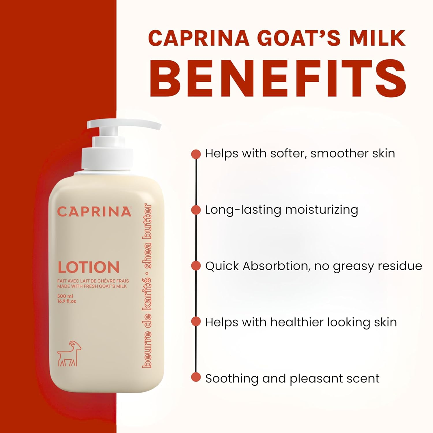 Caprina Goat’s Milk Body Lotion, 500 ml (16.9 oz), SHEA BUTTER, Nourishing Daily Moisturizer for Normal to Dry Skin