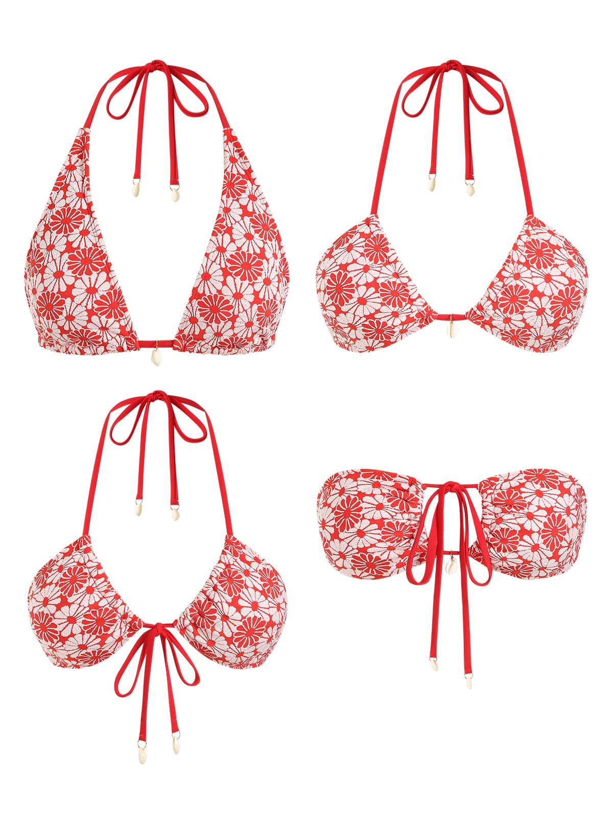 ZAFUL Women's Triangle Bikini Multiway Fishnet Tie Side Bandeau Halter String Bikini Set Two Piece Swimsuit Bathing Suits: 6-floral Red Small