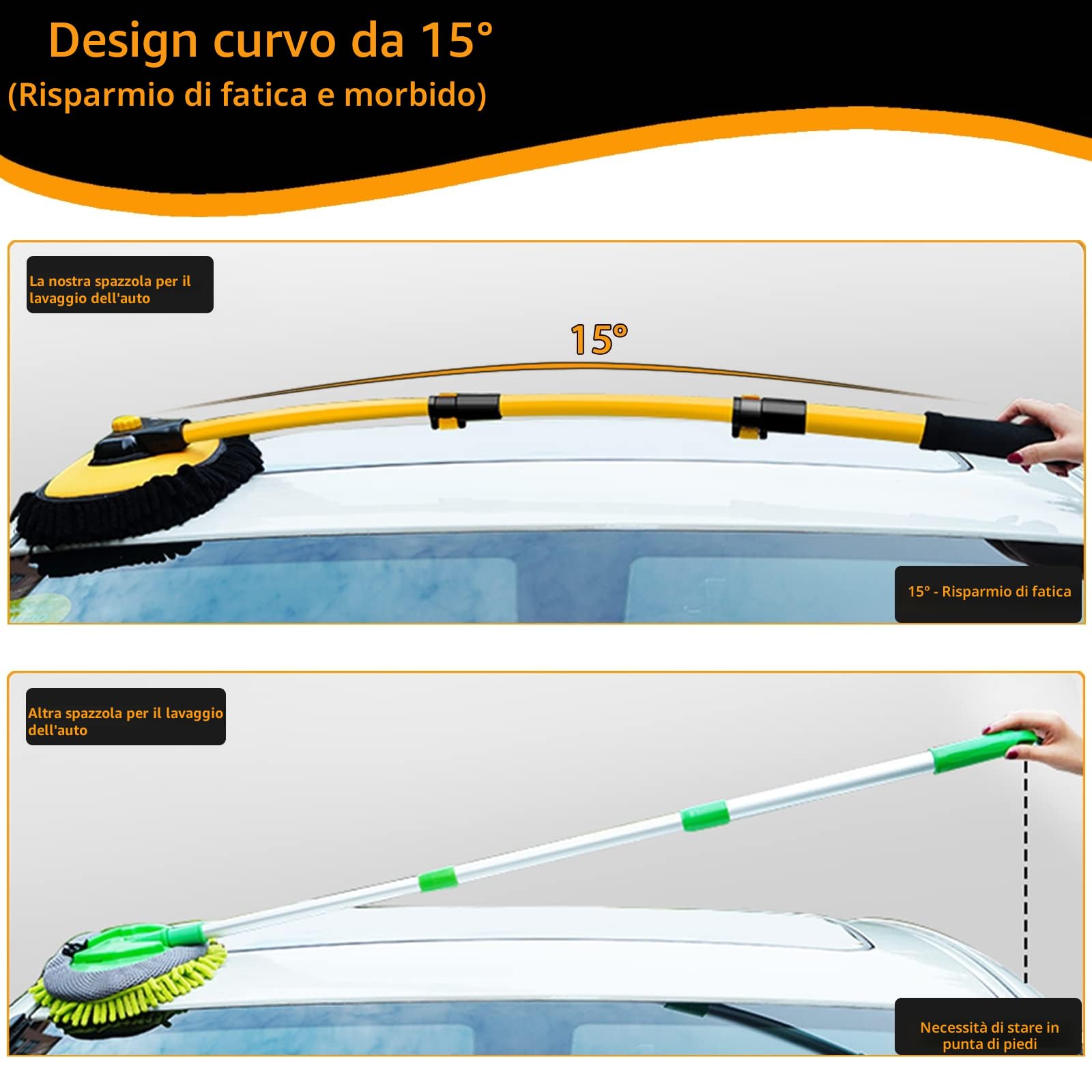 15° Curvata Spazzole Pulizia Auto Telescopica Lavaggio 43” Asta in Lega di Alluminio Kit Spazzola Spugna Esterno Camion Camper Moto Accessori Spazzolone Microfibro Ciniglia Pennello Senza Graffi
