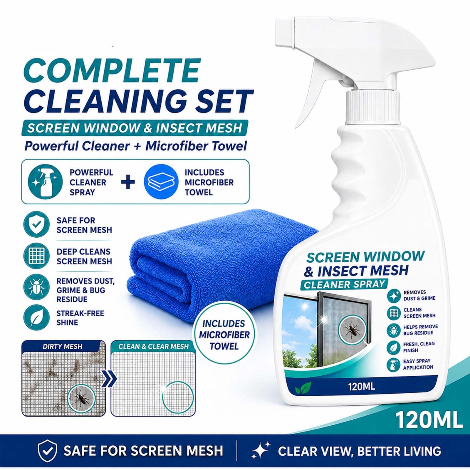 Spray Detergente Per Zanzariere E Reti, Kit Di Pulizia Per Zanzariere (2PC) | Detergente Per Zanzariere (A Rete) Con Panno Incluso; Rimuove Rapidamente Polvere E Residui Appiccicosi