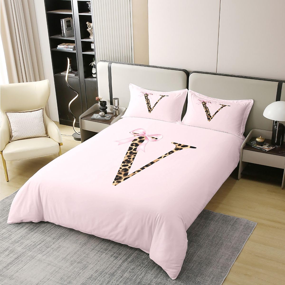 Homewish Homwish różowa kokardka king zestawy poszewek na kołdrę spersonalizowany inicjał V bawełna pościel nowoczesna modna poszewka na kołdrę gepard lampart nadruk zestaw pościeli