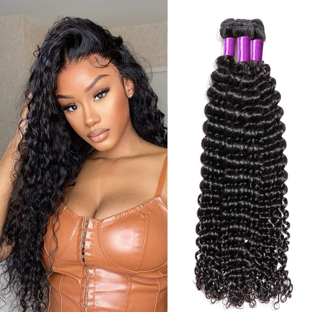 Luduna Deep Wave Human Hair Bundles 100% Unprocessed Brazilian Virgin Remy Hair Curly Bundles Hair Extension Double Weft Weave Deep Curly Wet and Wavy 3 Bundles for Black Women