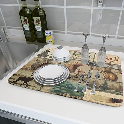 Miniatura 6 de Tapete de secado de platos de cabaña rústica, tapete escurridor de vida silvestre de oso del bosque, alce, 18 x 24 pulgadas, almohadilla escurridor