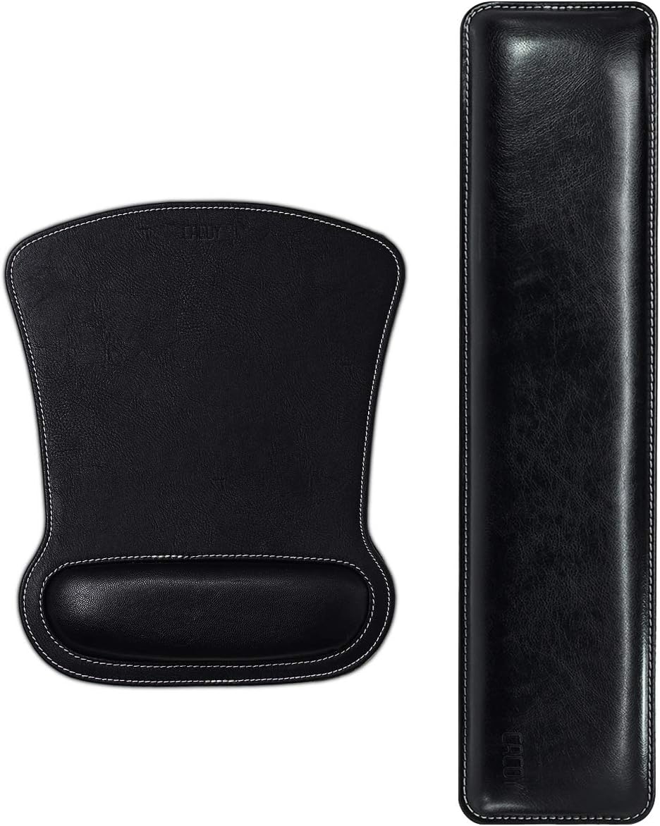 Cacoy Ergonomic PU Leather Keyboard Wrist Rest and Mouse Pad Wrist Support Set Memory Form-Filled and Non-Slip Base Easy-Typing and Pain Relief Wrist Rest for Office Computer Laptop (Black)