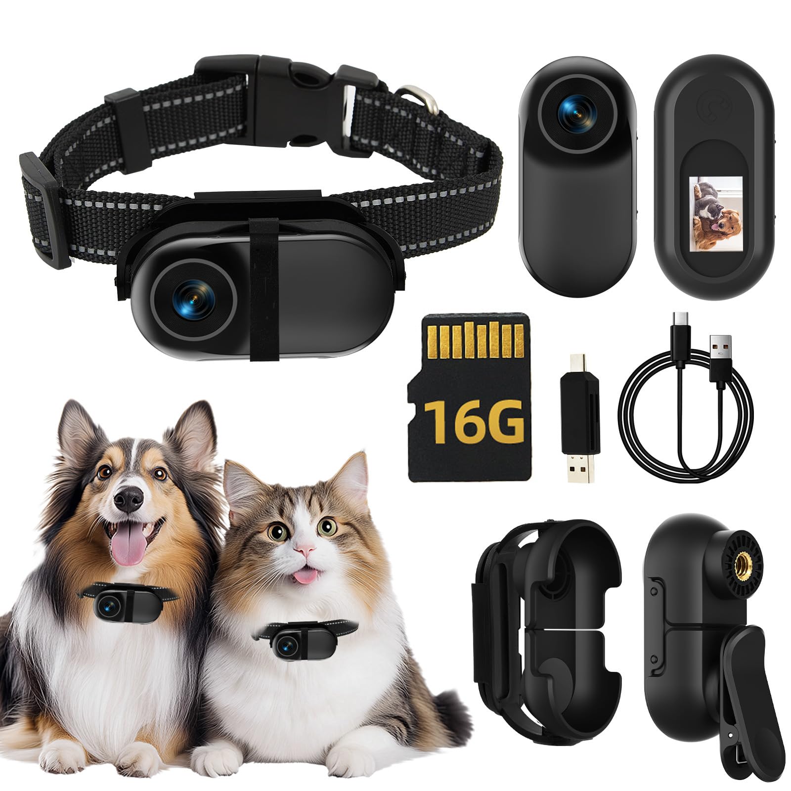 Cat Camera Collar, with 16G SD Card, 1080P HD Wireless Mini Sport Cam with Video Recording Reflective Cat Collar, Small Action Camera for Pet Supplies, Indoor/Outdoor Body Cam for Cats, Matte Black