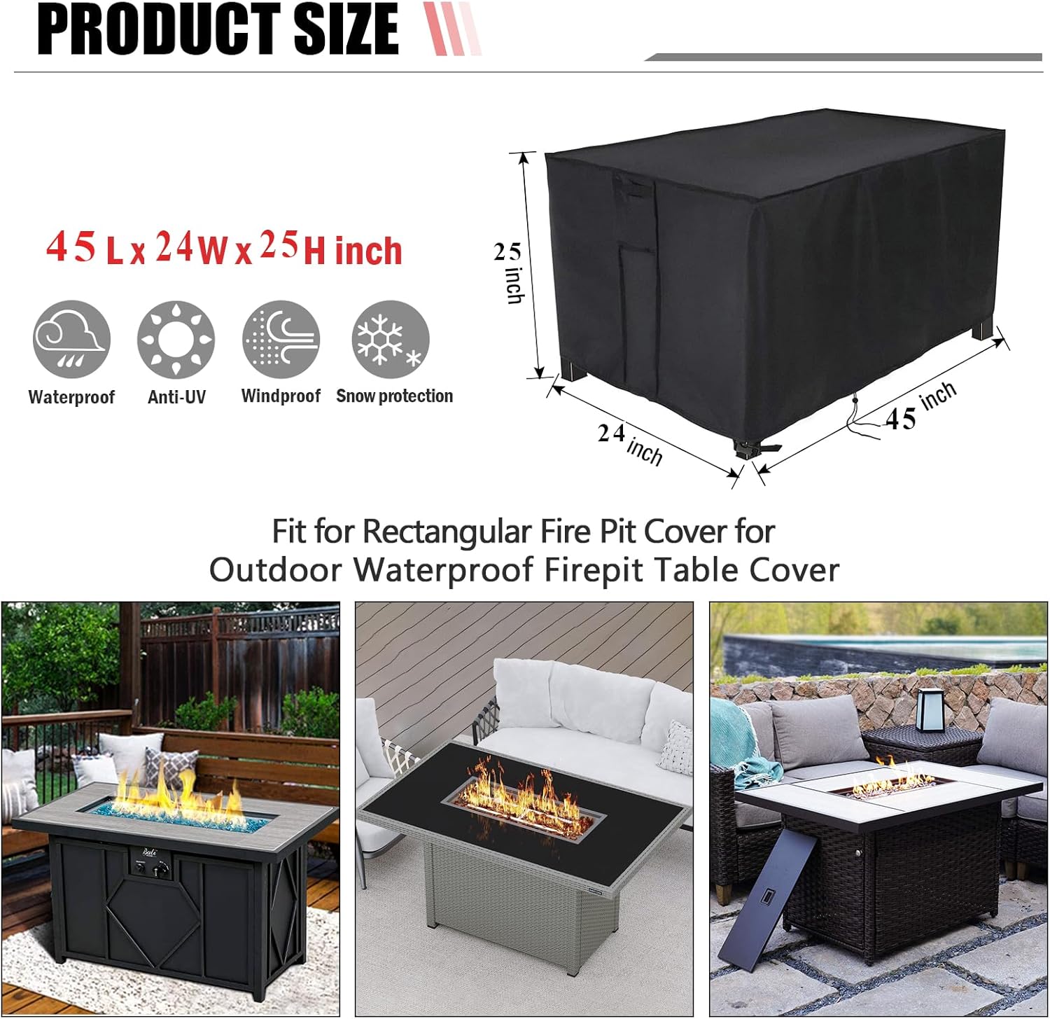 Fire Pit Cover Rectangular 45 Inch,Propane Gas Fire Pit Table Cover,Outdoor Waterproof Firepit Table Cover - 45 x 24 x 25 Inch - Image 3