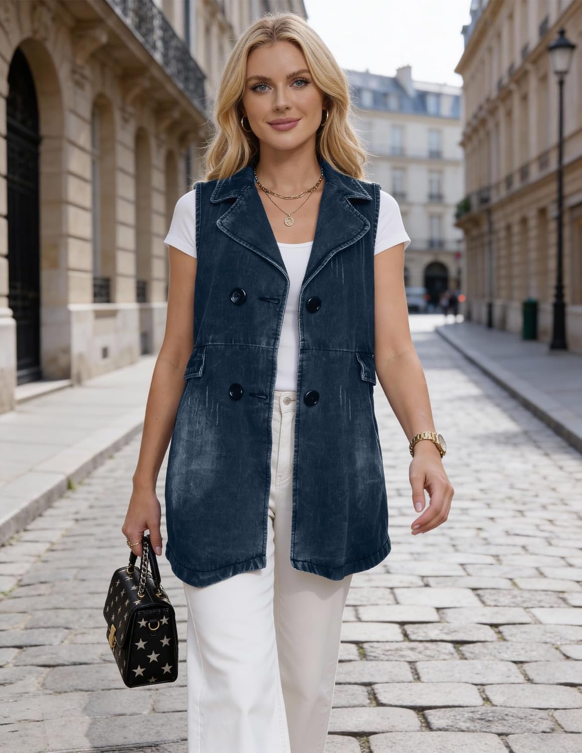 Womens Sleeveless Lightweight Long Denim Vest With Pockets Vintage Button Down Loose Jean Jacket - Image 4