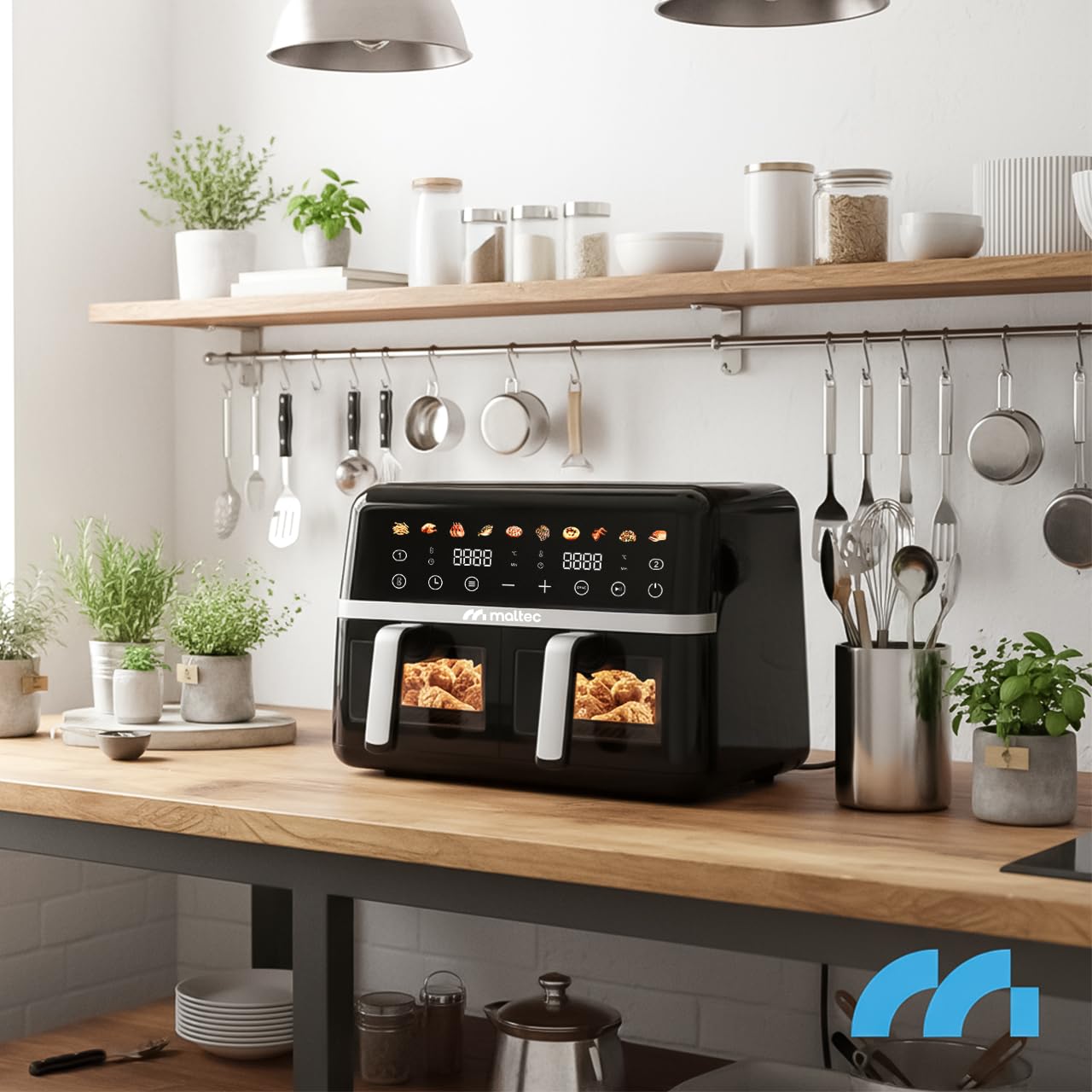 MalTec Frytkownica na gorące powietrze XL, 2 komory z okienkiem, 10 l Airfryer, ekran dotykowy, 2800 W, 10 programów, frytkownica bez oleju i gotowanie niskotłuszczowe