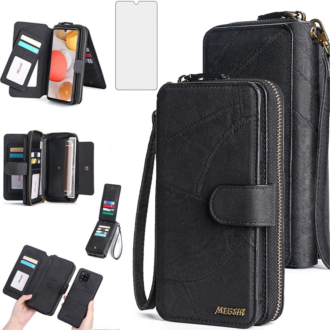 Asuwish Phone Case for Samsung Galaxy A42 5G Zipper Wallet Detachable Cover with Tempered Glass Screen Protector and Flip Mirror Card Holder Slot Accessories A 42 G5 42A S42 4G 2021 Women Men Black