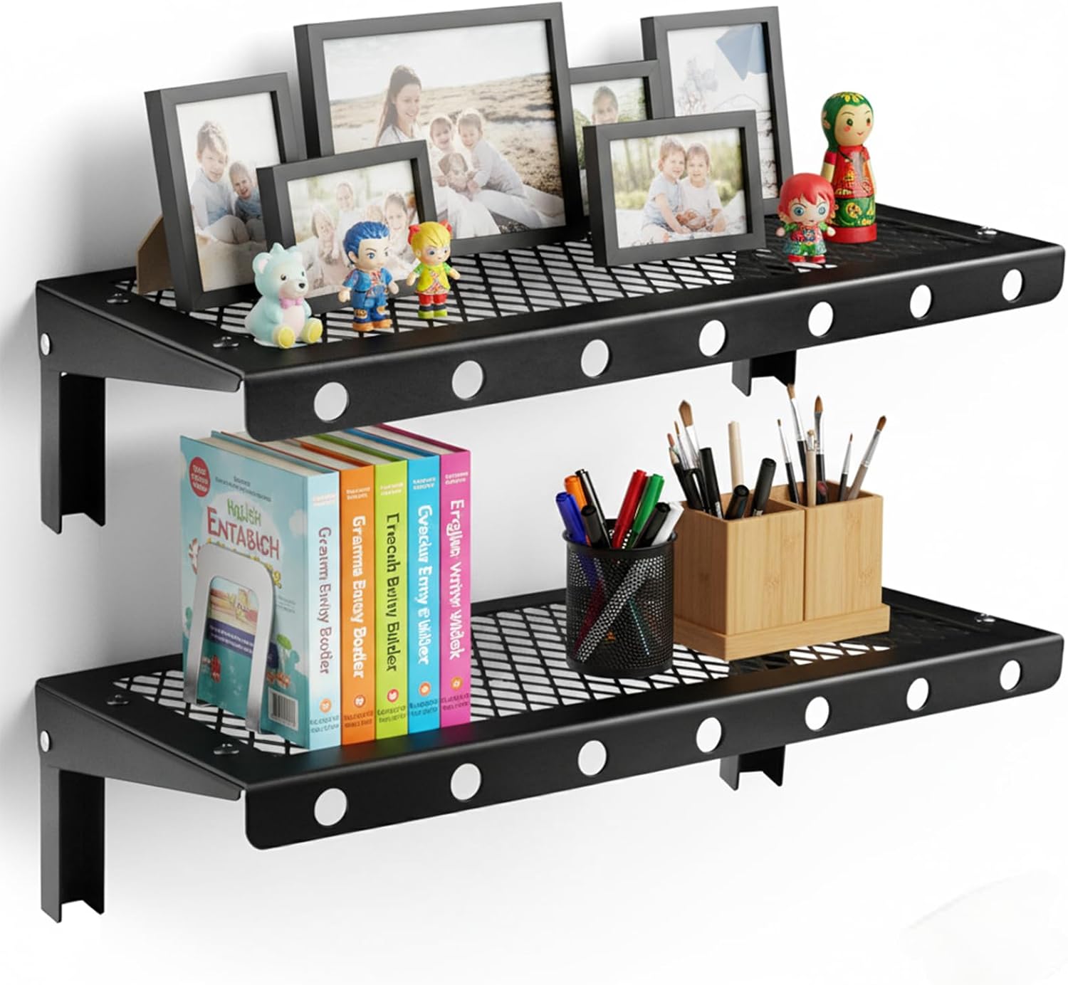 Floating Wall Shelves Set of 2, Black Floating Shelves,Wall-Mounted Bookshelf,Mesh Panel, Used in Living Room, Kitchen, Bathroom, Garage,Folding with Hooks.