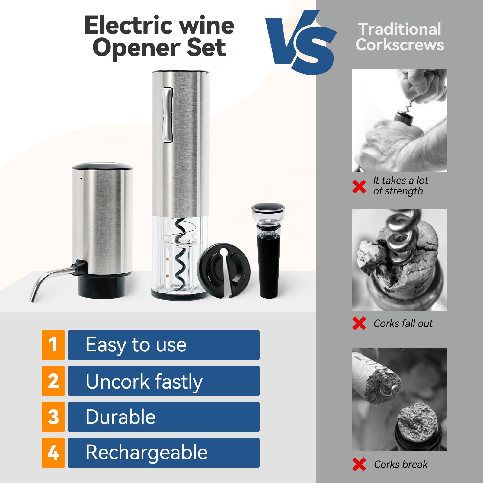 Electric Wine Opener, Automatic Electric Wine Bottle Corkscrew Opener Rechargeable with Foil Cutter, Automatic Aerator, 1 Vacuum Stoppers for Home Bar Parties Wedding Gifts (Stainless Steel)