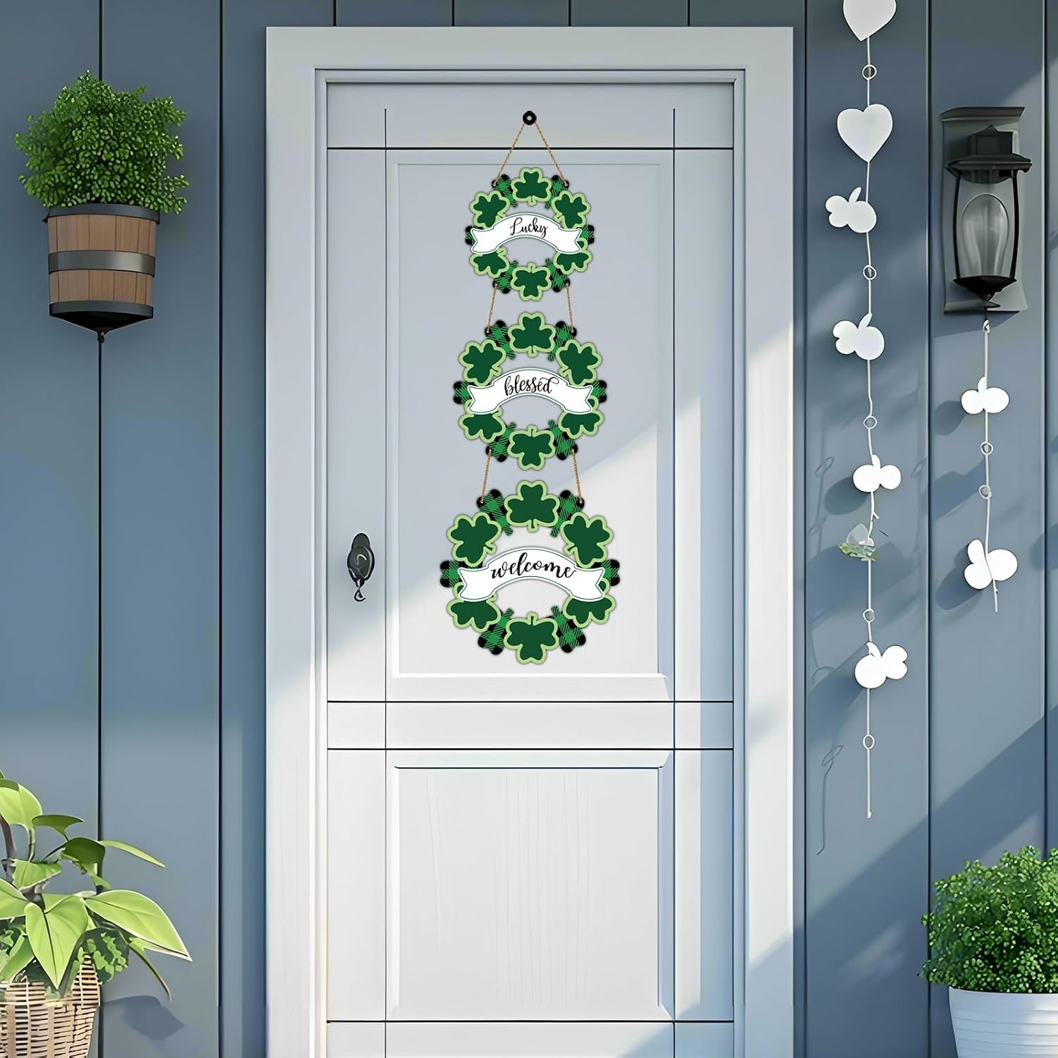 St Patricks Day Wreath Shamrock Decorations St Patricks Day Door Decorations Shamrock Hanging Sign Wooden Wreaths for Front Door Hanger Lucky Blessed Welcome Sign for Porch Wall Indoor Home Decor