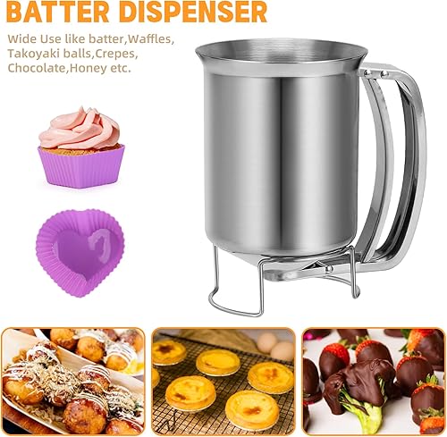 Miniatura 5 de Houzemann Dispensador de masa de acero inoxidable 2 en 1 de 27.1 fl oz con mango para apretar, vertedor de panqueques irrompible, herramienta de