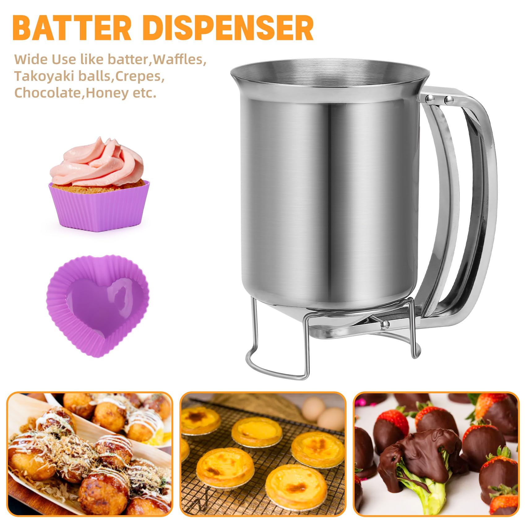 Dispensador de masa de panqueques de acero inoxidable con asa, 32 onzas, 30.4 fl oz, dispensador de pasteles de gofres de alta resistencia con 12 tazas de silicona para hornear, jarra de 5