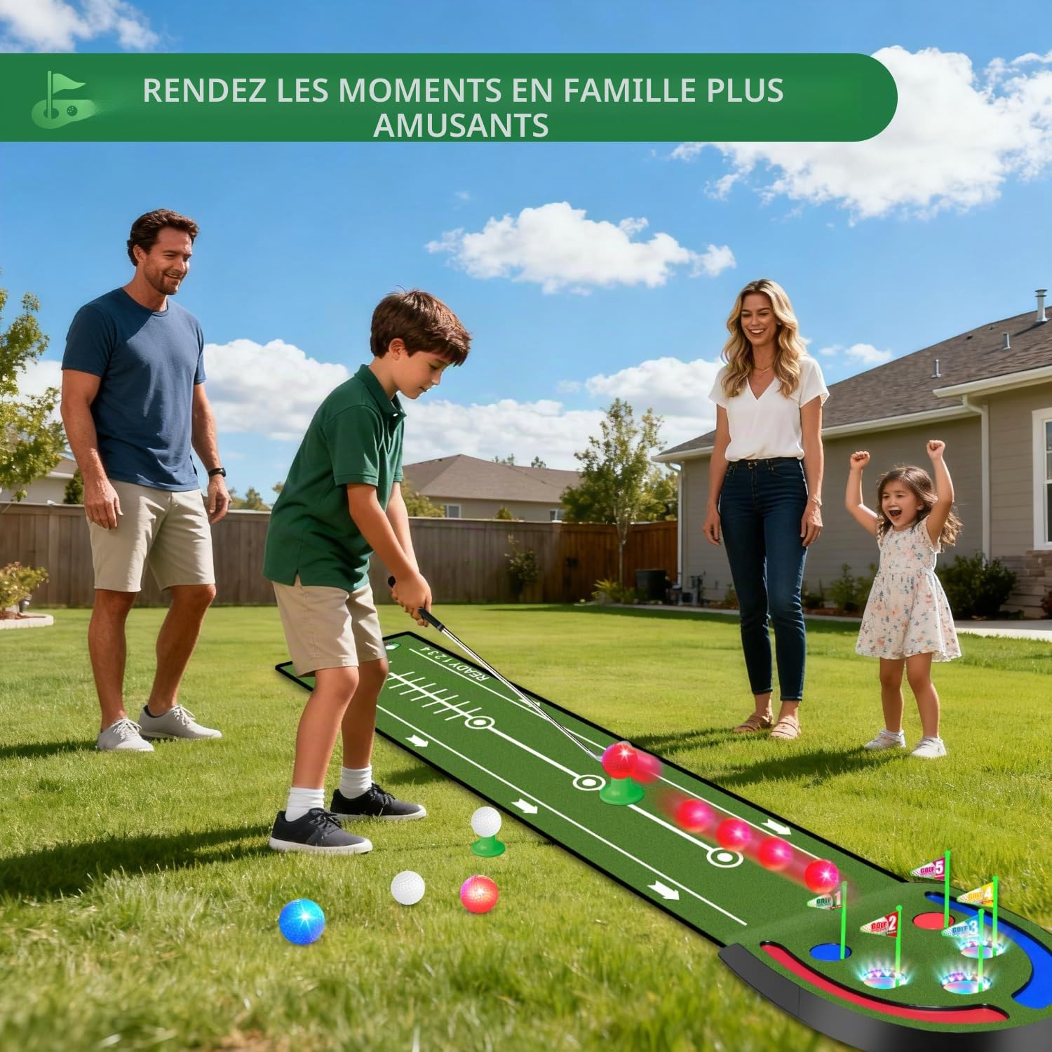 Jeu de Golf Vatos - Tapis de Putting d'intérieur pour Enfants avec balles et Trous LED, Clubs de Golf, Divertissement Familial pour la Maison et Le Bureau, Cadeau pour Enfants, Adolescents et Adultes