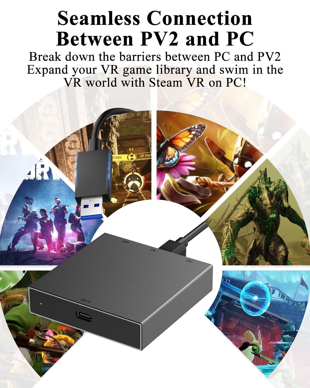Adattatore PC per cuffie VR2: progettato per giochi VR2 con PC Windows, compatibile con SteamVR, conversione stabile del segnale, espansione della libreria di giochi VR, alloggiamento in lega di