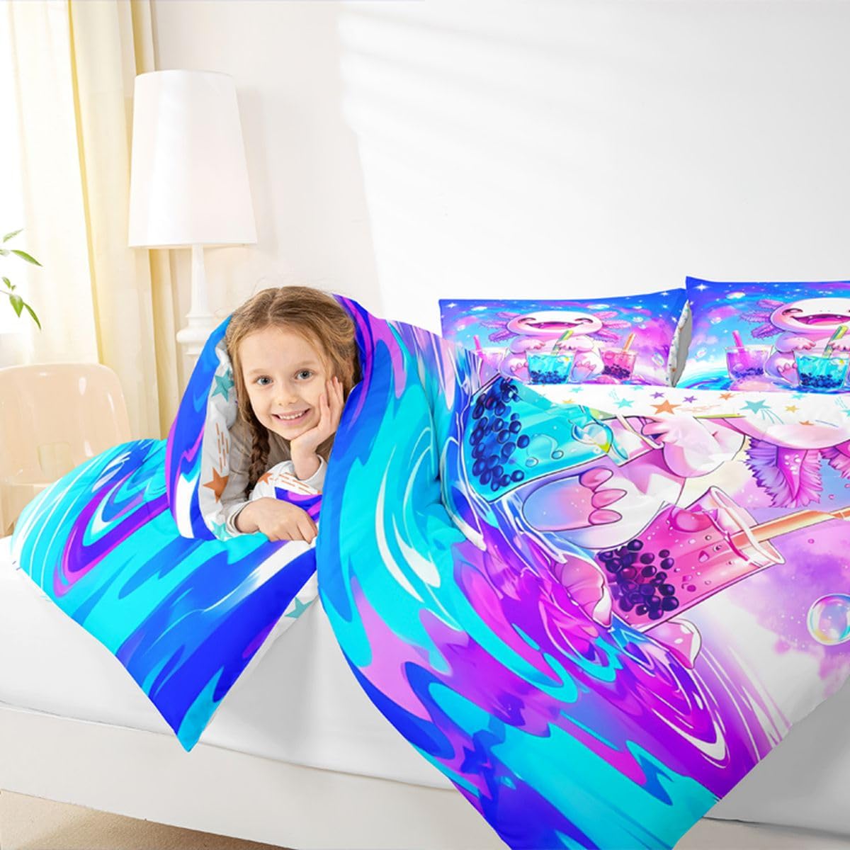 Homewish Uroczy zestaw pojedynczej kołdry Axolotl - dla chłopców Pruple Blue Milk Tea zestaw pościeli księżniczka tęczowy aksolotl zestaw kołdry - kolorowe gwiazdy chmura poszewka na kołdrę