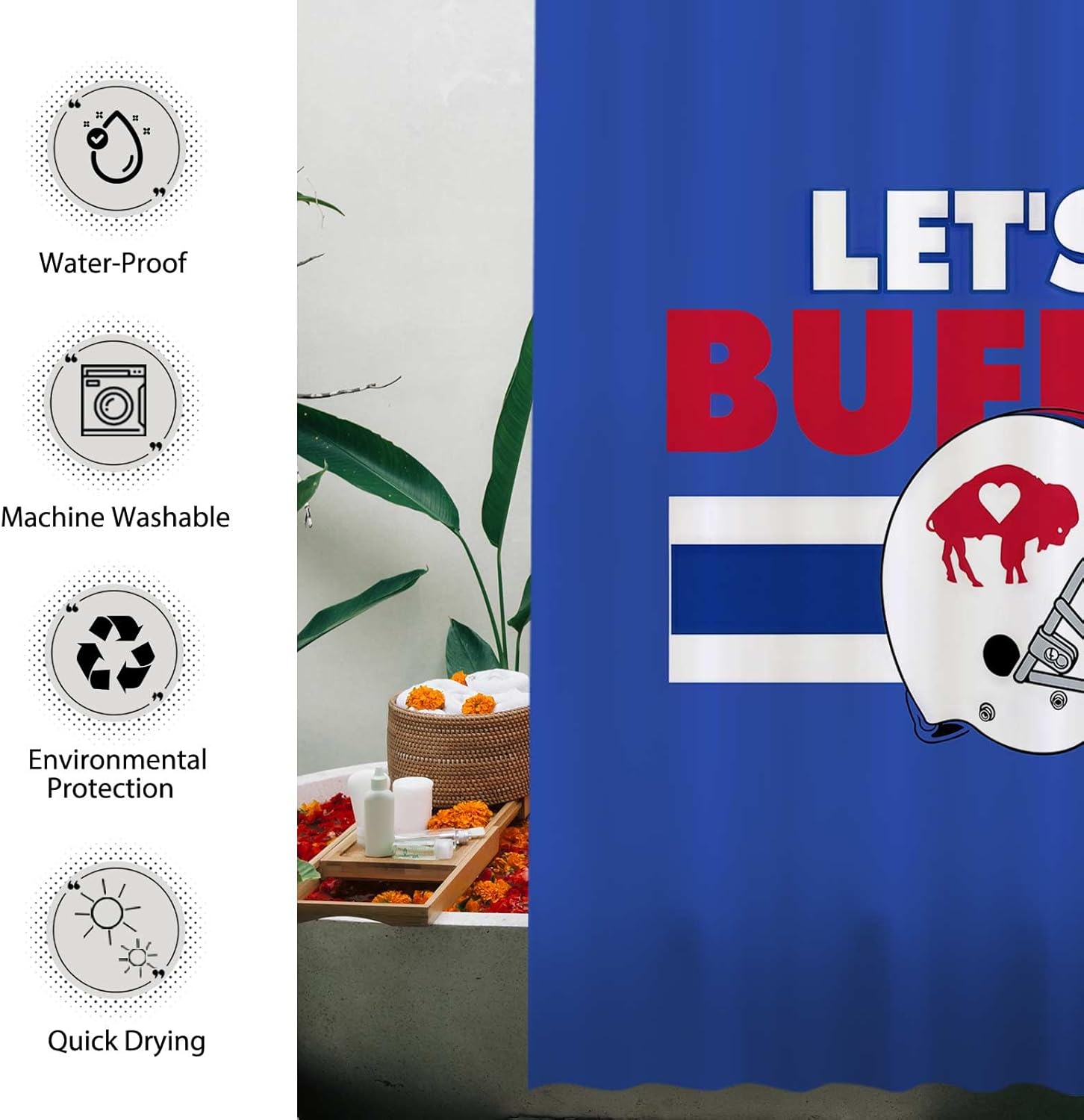 Funnytree Buffalo Shower Curtain, Football Team Bathroom Decor, Waterproof Fabric Durable Easy Care Washable, 72"X72"(Hooks Not Included) SC00062-002