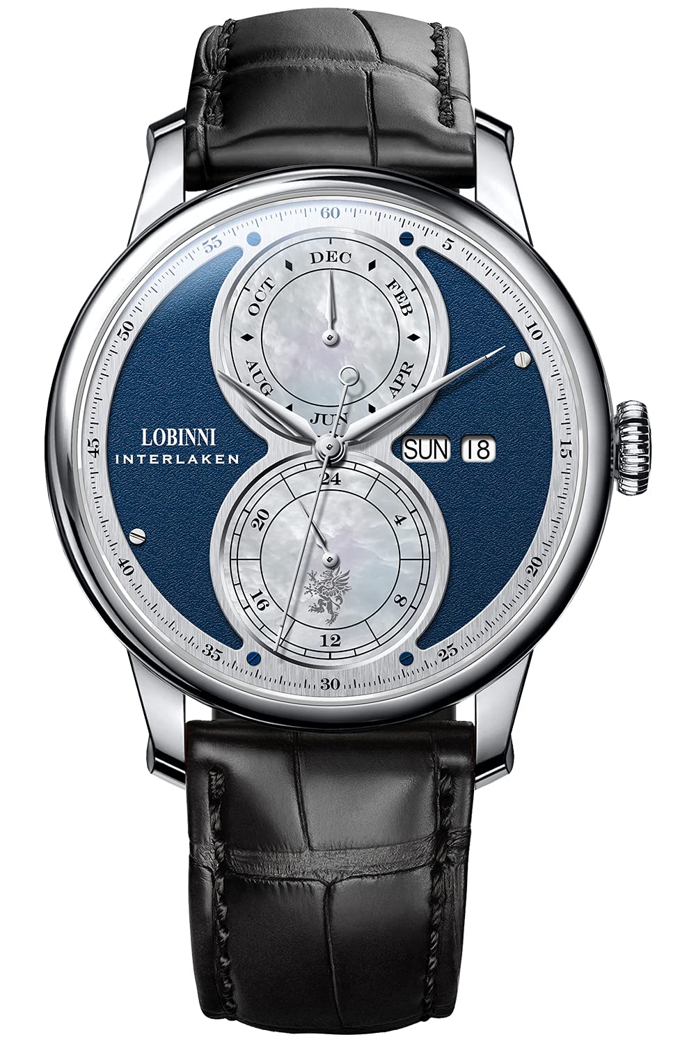 Lobinni Orologio da uomo in acciaio inossidabile automatico meccanico settimana calendario moda top brand lusso orologio, Argento-nero-L, Meccanico