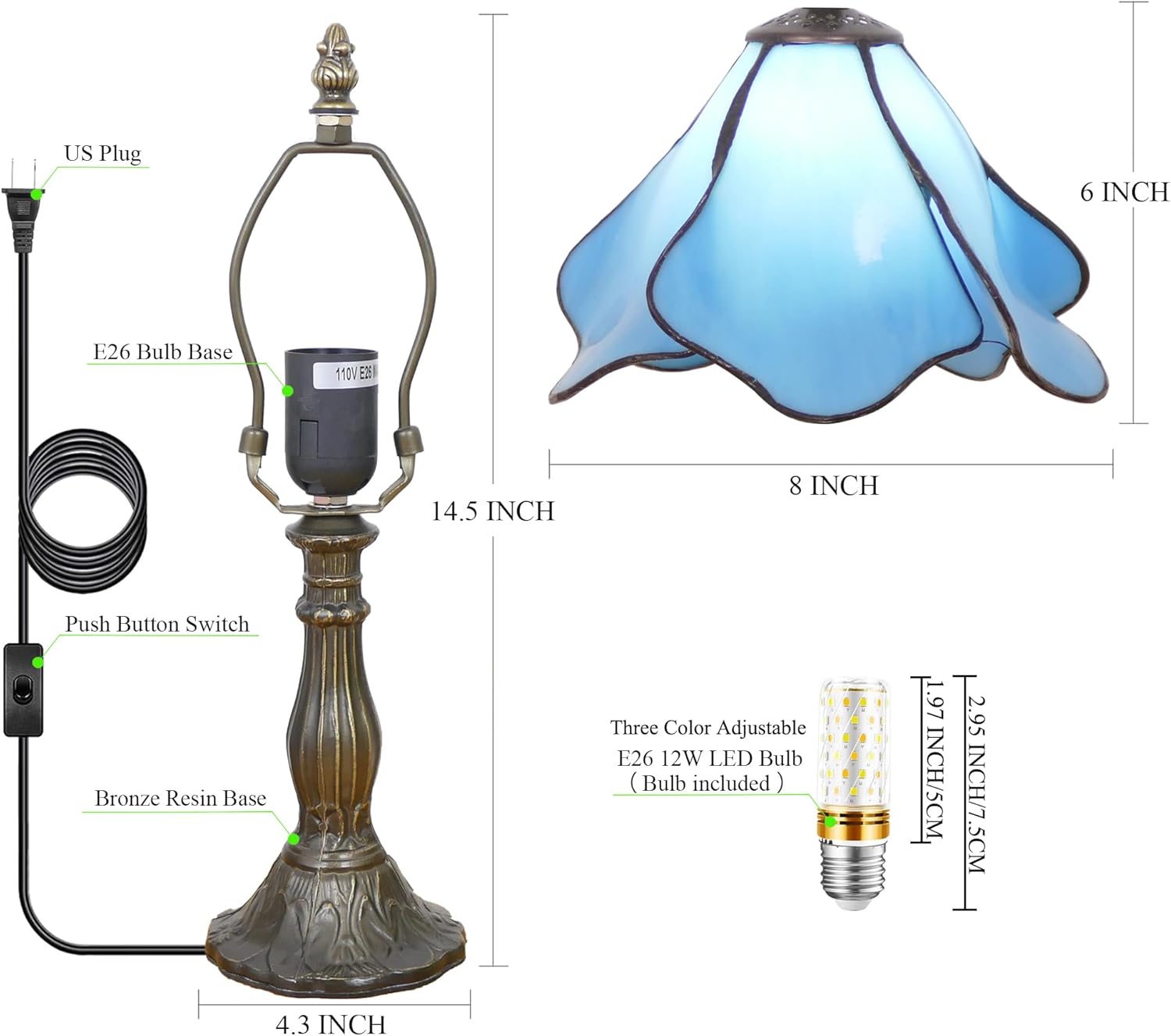 Small Tiffany Lamp Mini Stained Glass Table Lamp Bedside Accent Lamp Memory Sympathy 8X14.5 Inch (Blue)