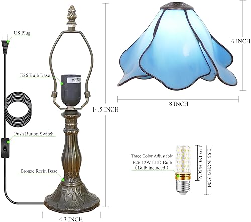 Miniatura 3 de Pequeña lámpara Tiffany Mini lámpara de mesa de vidrieras Lámpara de acento de cabecera Lámpara de memoria simpatía 8 x 14.5 pulgadas (azul)