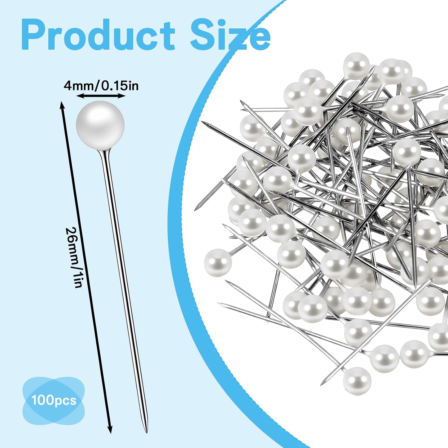 100Pcs Pearl Sewing Pins, Pearl Push Pins for Bulletin Board | 100Pcs white pearl push pins,stainless steel needles+plastic heads,1in length,0.15in head.For cork boards,maps,photos,DIY