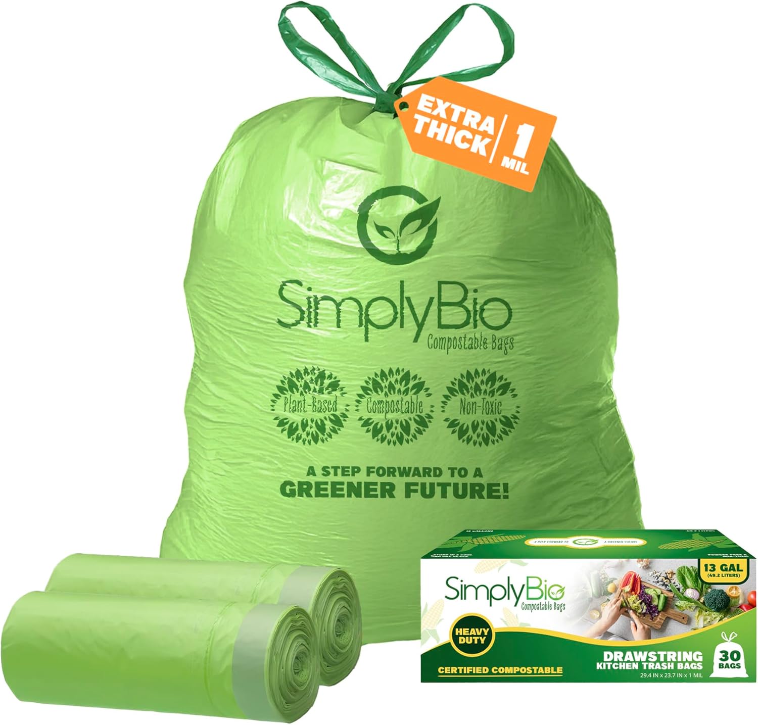 13 Gallon Compostable Trash Bags Liners Drawstring, Heavy Duty Extra Thick 1 Mil, 49.21 Liter, 60 Bags, Tall Kitchen Food Scrap Waste Bag, ASTM D6400, US BPI and OK Compost Home Certified