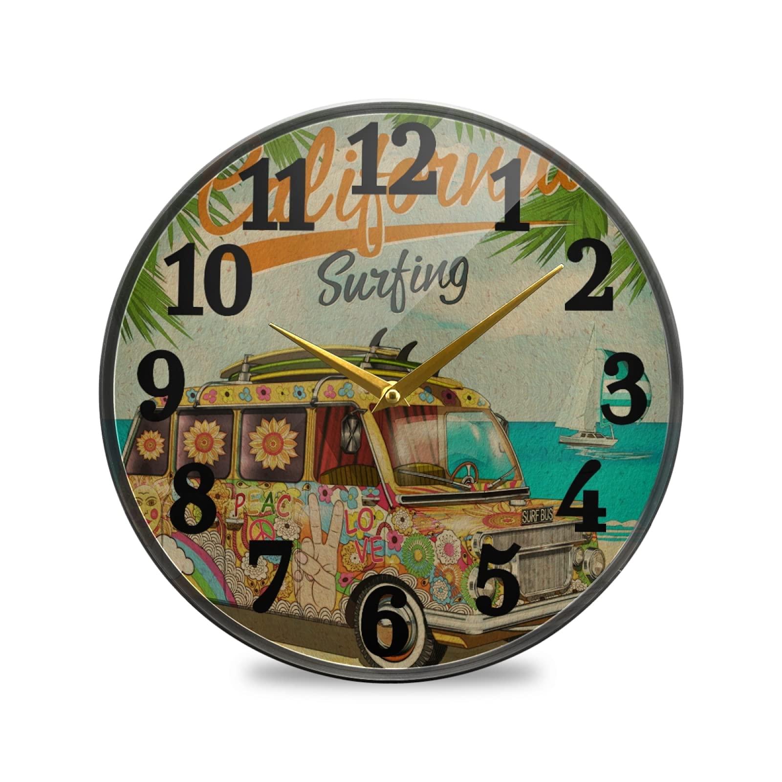 Oyihfvs Retro Camper Bus Hippie Peace Sign Palm Trees California Surf Wall Clock, Silent Non-Ticking Easy to Read Gold Hands Round Decorative Acrylic Wall Clock Art, for Home Office School 9.5 Inch