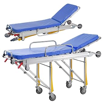 Aluminum Alloy Lightweight Automatic Loading Ambulance Stretcher, Folding Ambulance Gurney Stretcher Bed, Hospital Ambulance Stretcher Medical Emergency Trolley, Capacity 350 lbs Blue