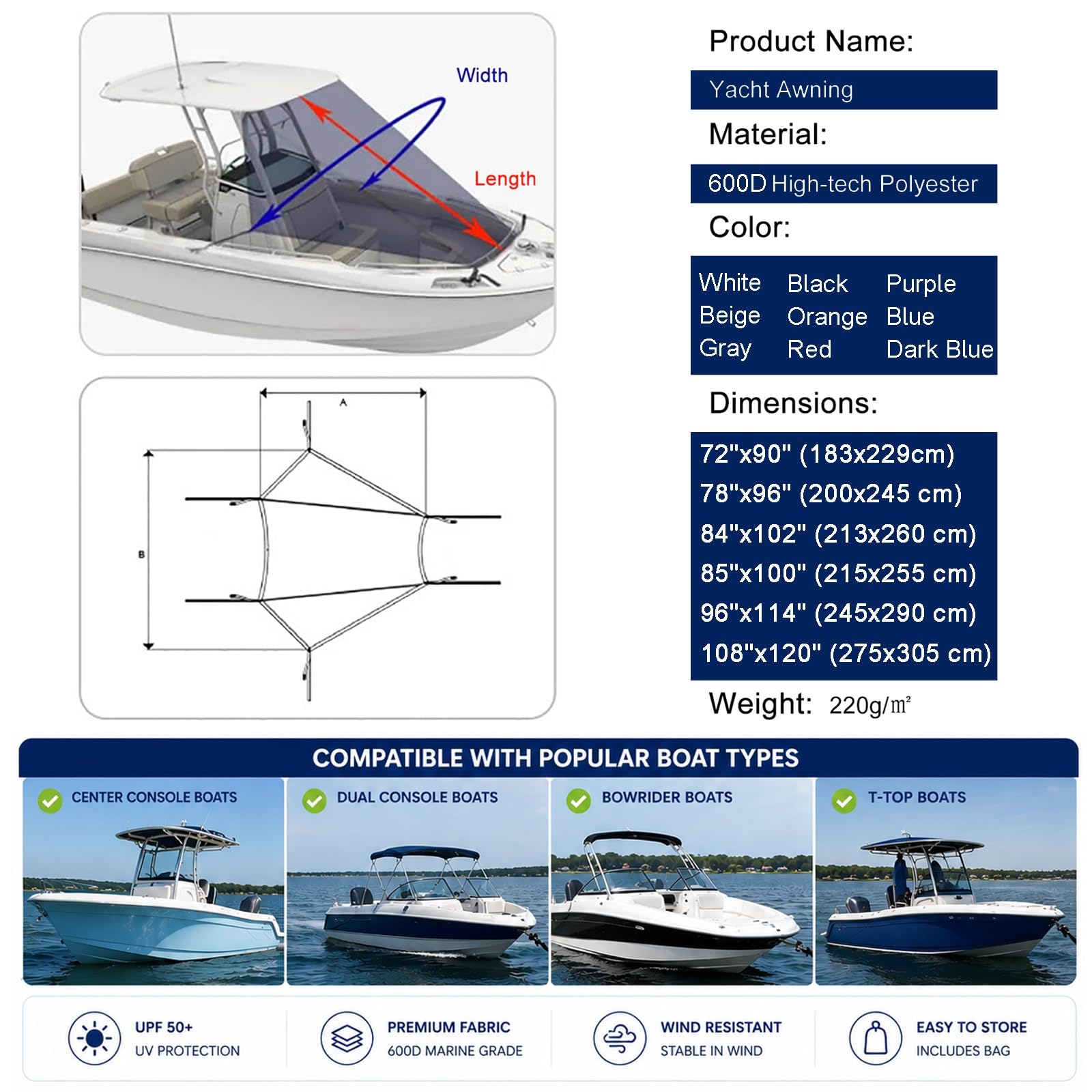 Auvent Avant T-Top pour Couverture de Bateau, Tissu Oxford 600D Imperméable, Auvent Solaire avec Protection UV50+ pour la Plupart des Bateaux à Console Centrale(Gray,108"x120" (275x305 cm))