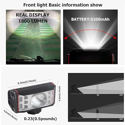 Miniatura 6 de Juego de faros delanteros LED brillantes de 1800 lúmenes, potentes faros delanteros y traseros para bicicleta, recargable por USB, impermeable, luz
