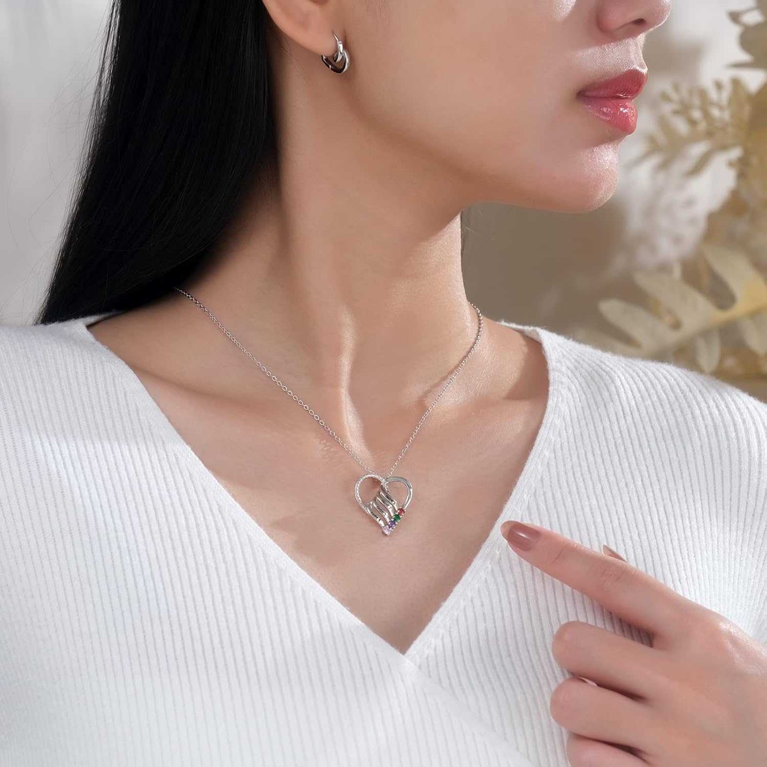 Jeweidea Personalized Heart Necklace with 2-6 Simulated Birthstones Custom Name Mother Daughter Chain Pendant for Women Mom Birthday