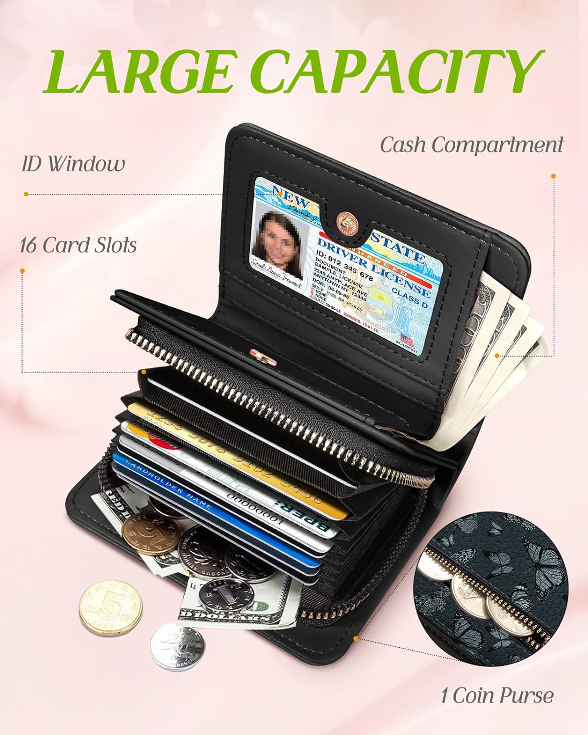 Bistup Credit Card Holder Wallet for Women - Cute Leather Ladies Teen Girls Female Cardholder Wallets Accordion Purse Small Medium Aesthetic Print Black Butterfly Unique Modern Rfid Zipper Around - Image 3