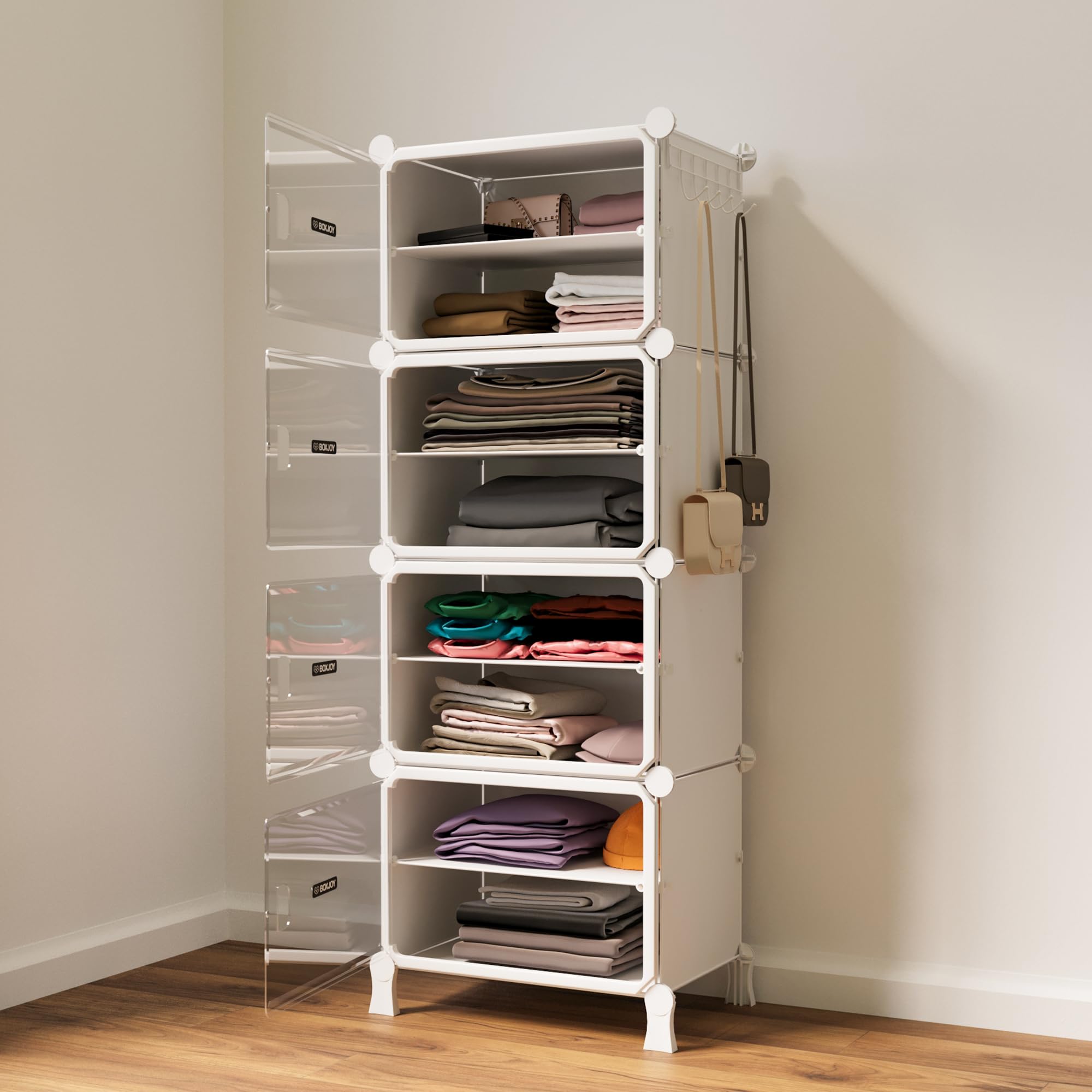 BOXJOY 8 Shelf Cloth Rack Wardrobe Almirah Organizer with 4 Hard Plastic Metal Frame Doors with Magnets & 5 Hook Steel Holder, Foldable Cupboard for Bedroom Kids Storage | White Rack, Transparent Door