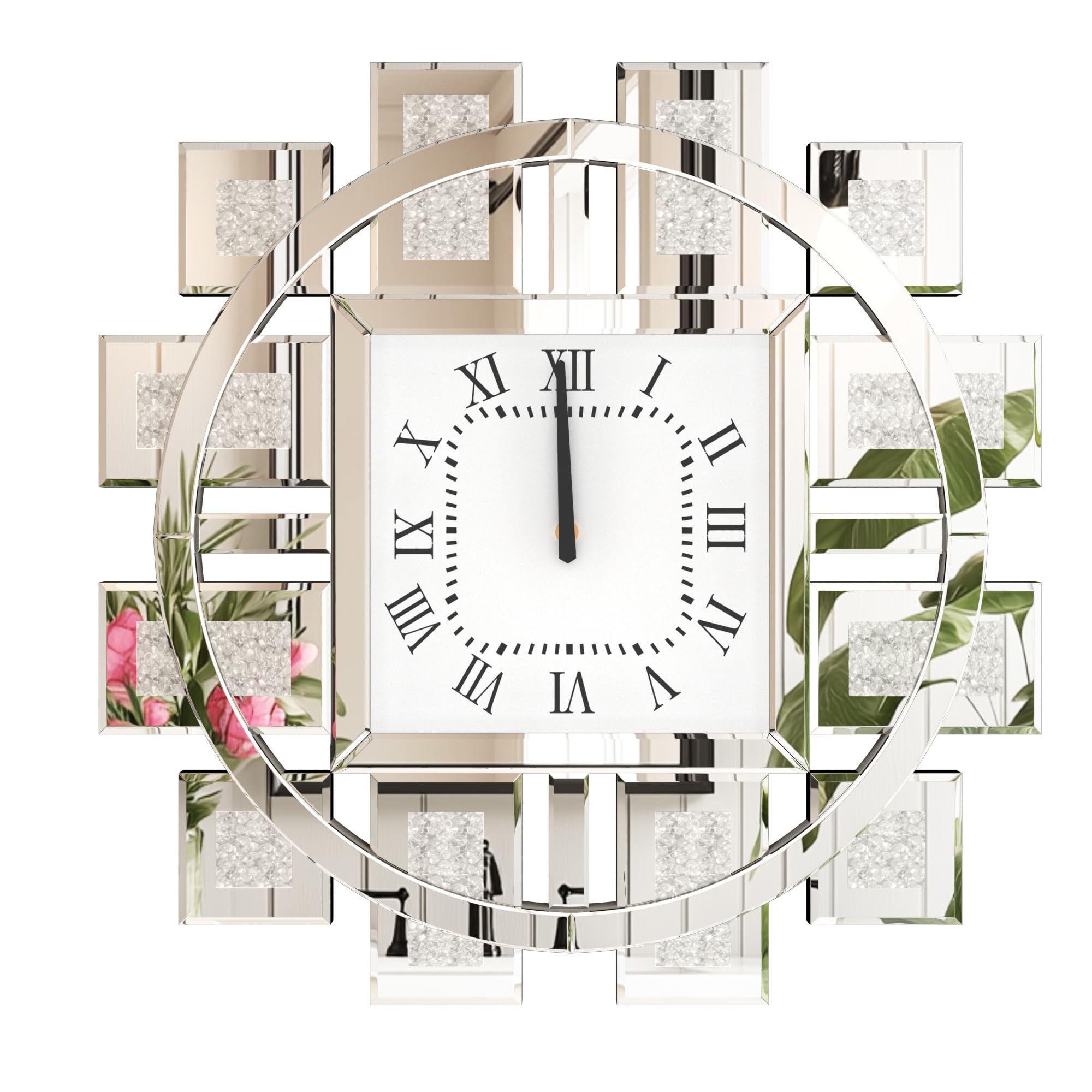 Kristall Wanduhr Groß Modern: Deko Uhren 60×60, Luxus Wohnzimmer Wanduhren Silber Tickenfreies Design Römische Ziffern für Wohnzimmer, Schlafzimmer, Küchen