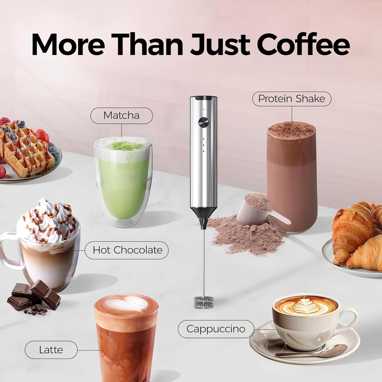 YARRAMATE Silver Powerful Milk Frother Wand & 100ml Metal Measuring Cups (White)