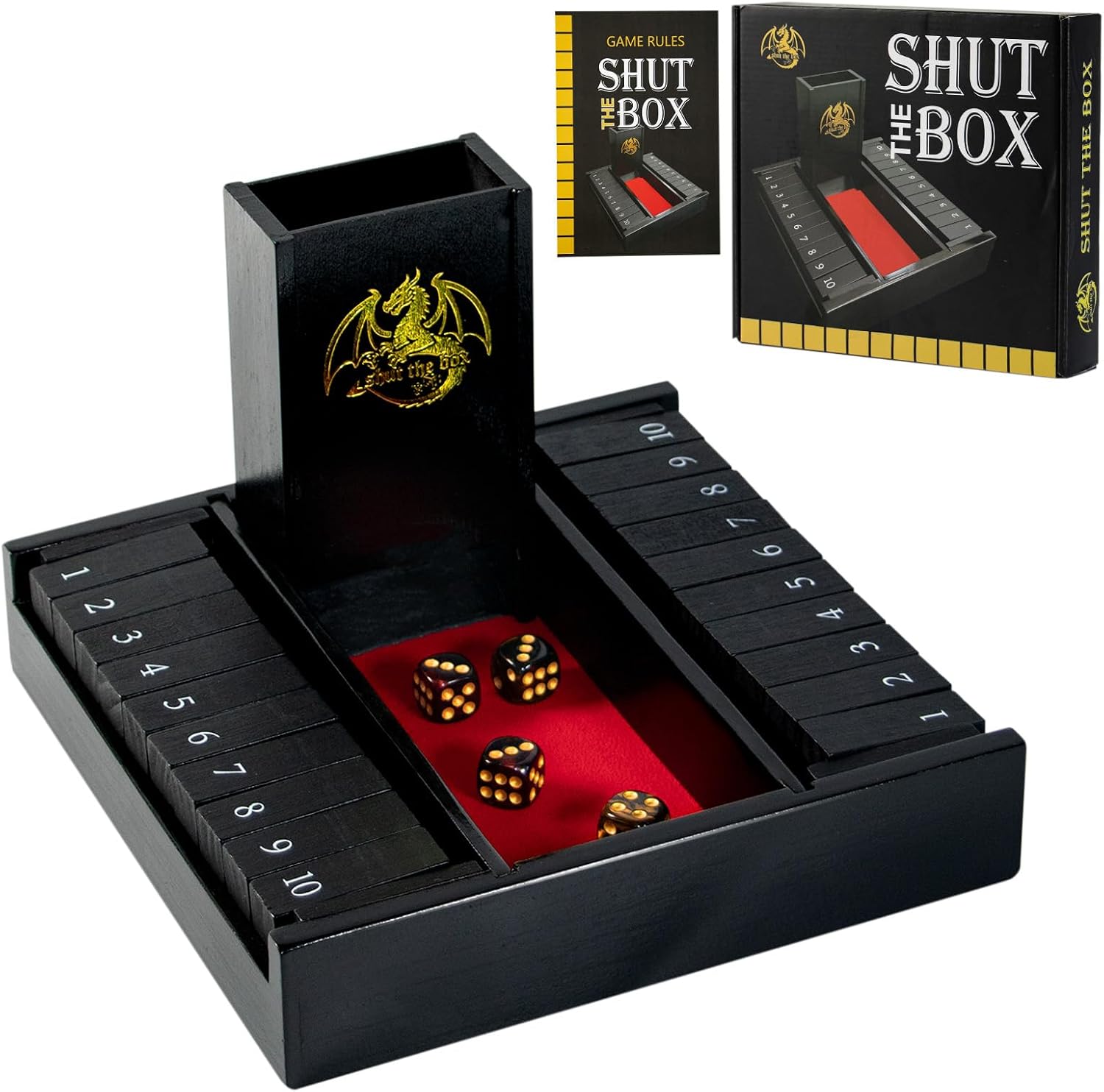 Shut the Box Dice Board Game Wooden for 2 Players | Close the Box Game with 4 Dice,Dice Tower and Manual, Classic Family Board Game for Game Night