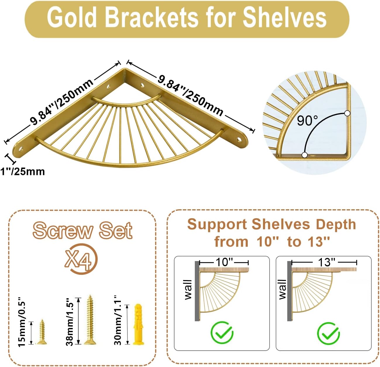 Z Metnal Mid Century Modern Shelf Brackets, Brushed Gold Shelves Bracket, Wall Decor, Modern Shelving Bracket for DIY Floating Shelves,10 inch, Gold,2 Pcs