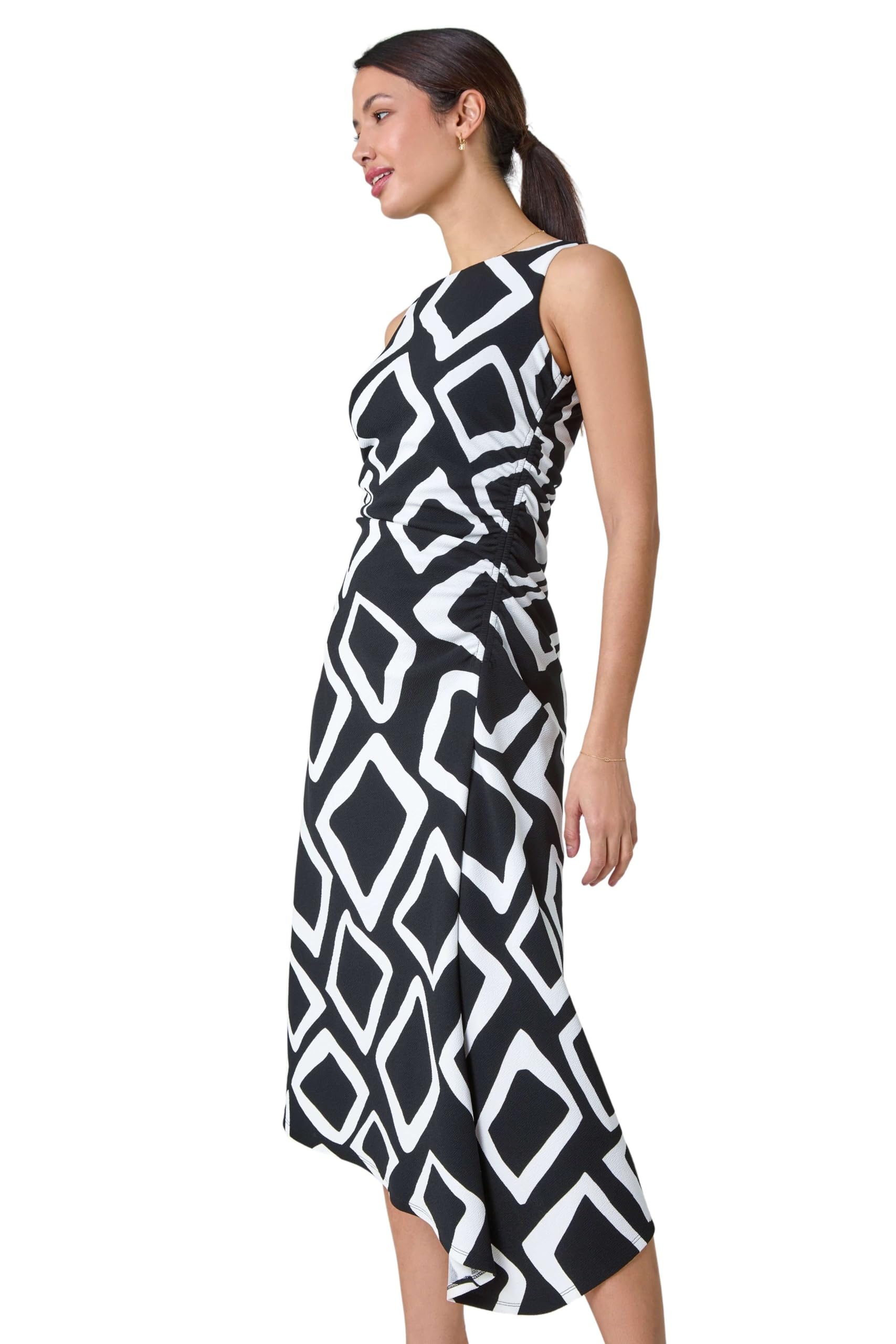 Roman Geometric Asymmetric Midi Stretch Dress for Women UK - Ladies Spring Everyday Summer Holiday Round Neckline Comfy Sleeveless Soft Bodycon Frock Dinner Date Gowns - Black - Size 14