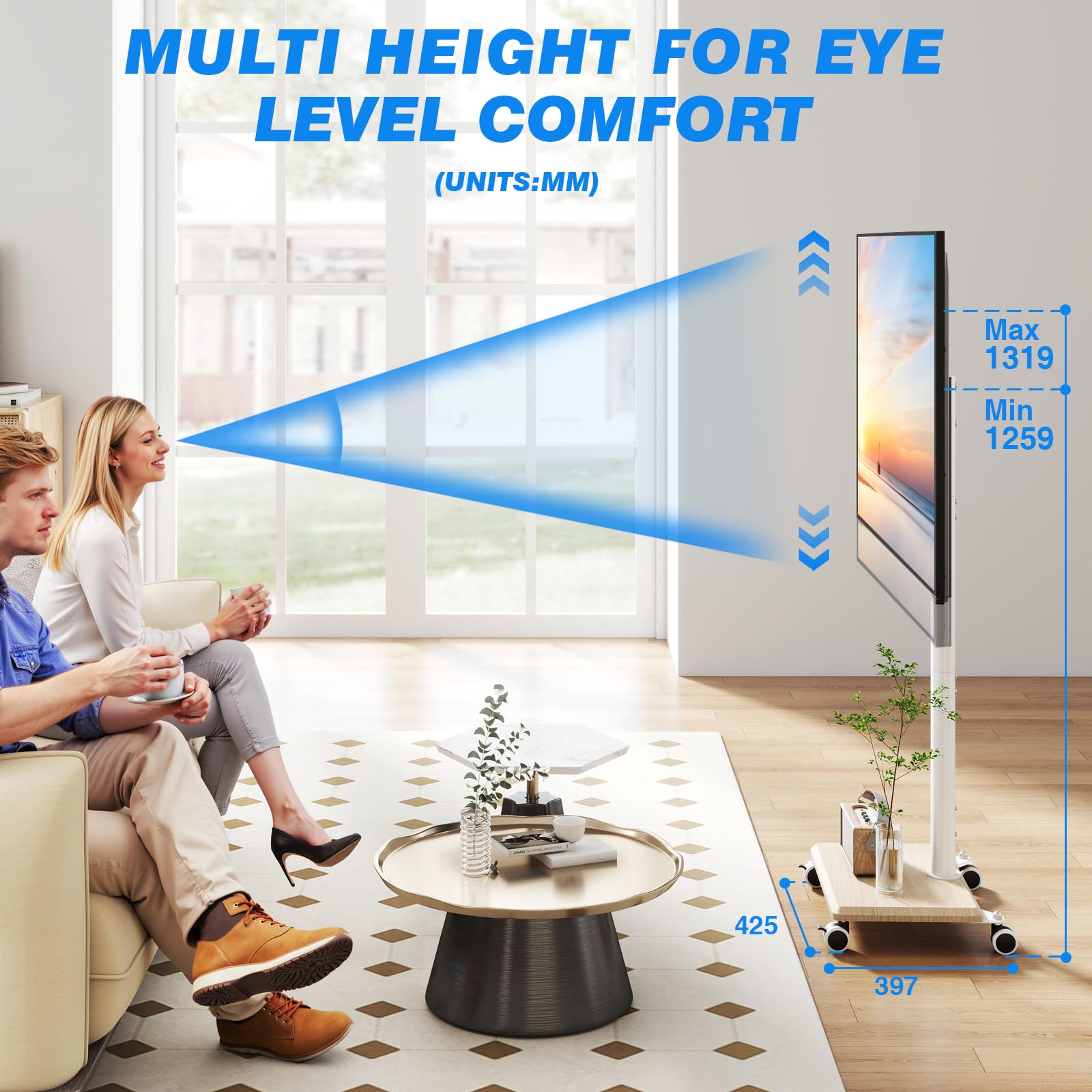 5Rcom Support TV roulettes Blanc pour Téléviseurs 27-60 Pouces, Support TV sur Pied Mobile Réglable en Hauteur et Pivotant avec Base en Bois - VESA Max 400x400mm, Poids Max 40kg (Beige)